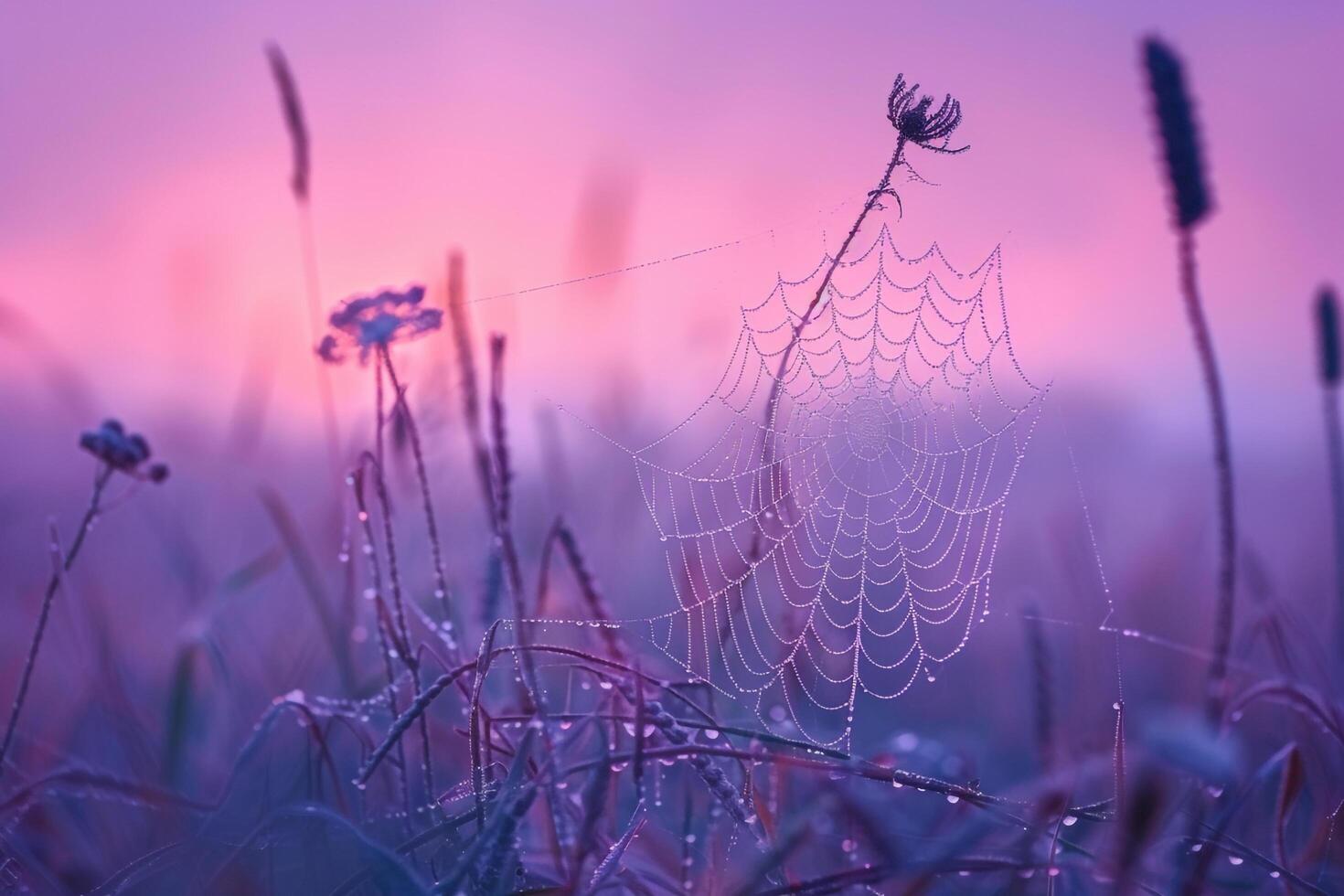 Landscape Ethereal foggy meadow at dawn with spider webs glistening with dew and pastel colors in the sky   nature background photo