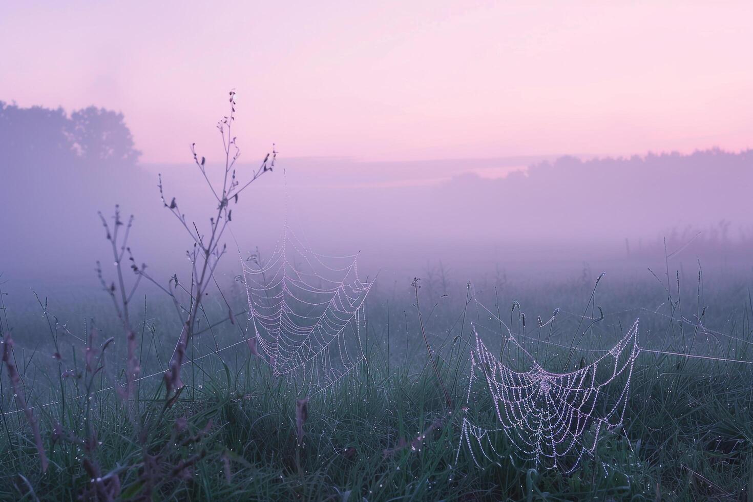 Landscape Ethereal foggy meadow at dawn with spider webs glistening with dew and pastel colors in the sky   nature background photo