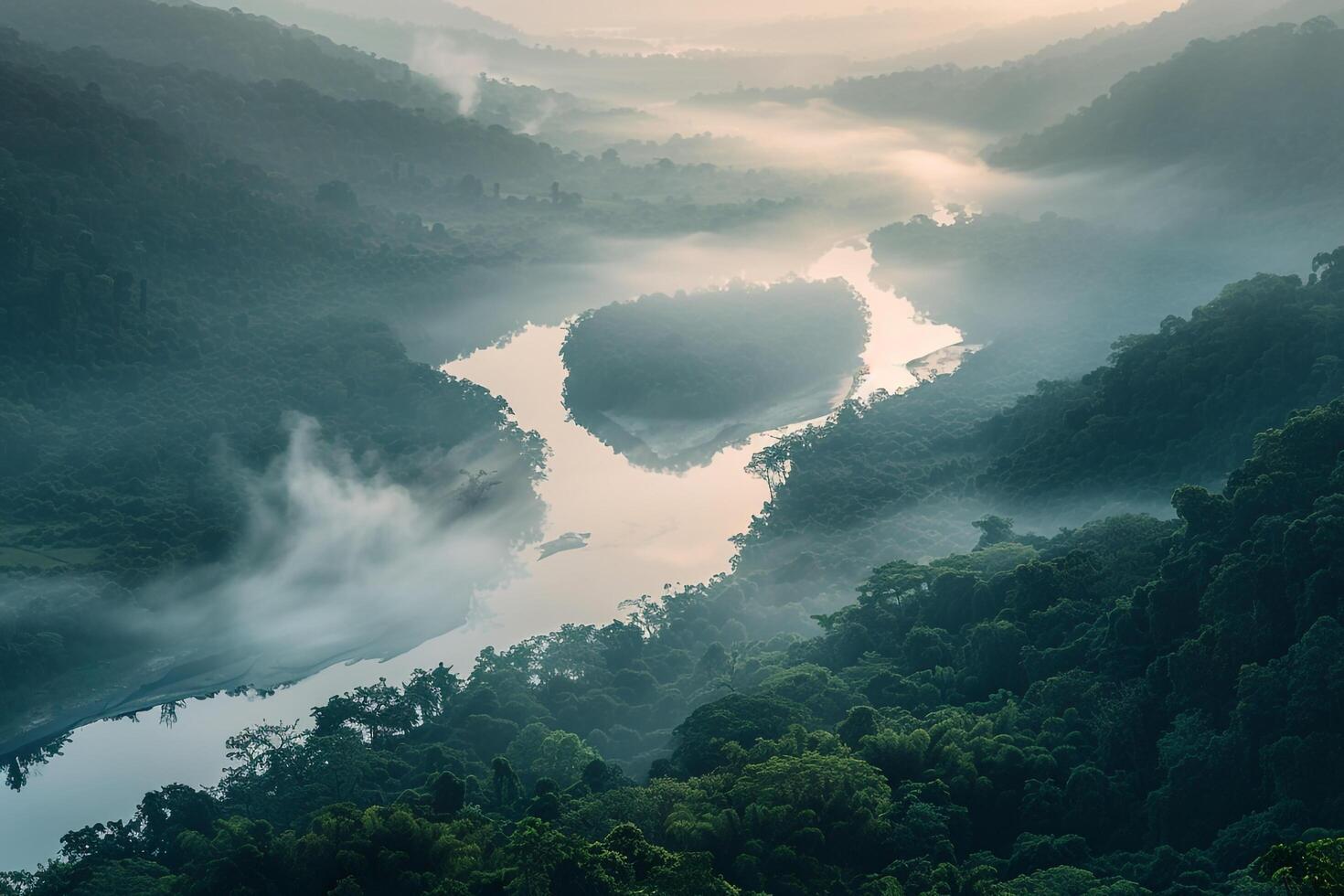 Landscape Ethereal misty river valley at dawn with the river winding through dense forests and glow on the horizon   nature background photo