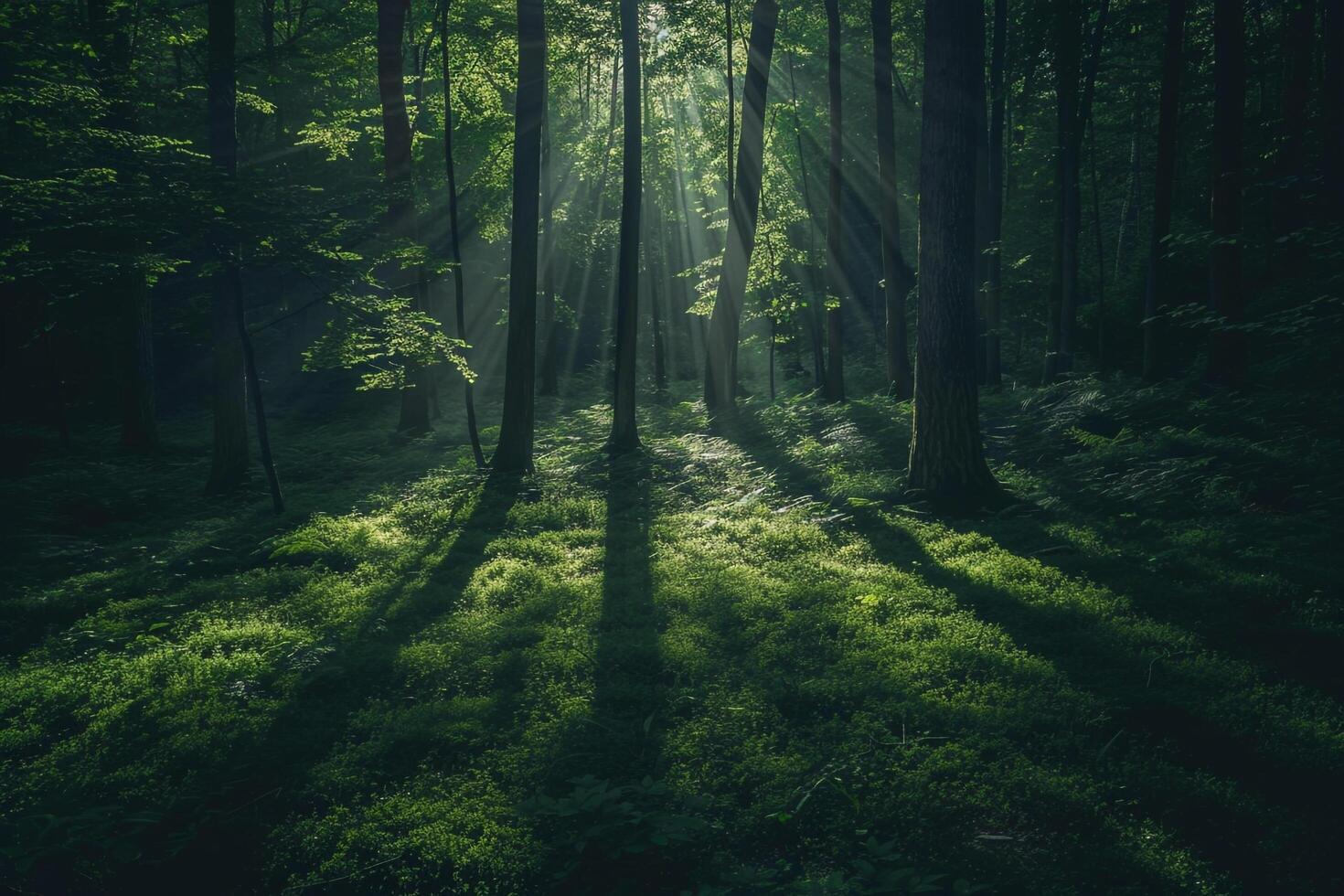 Landscape Ethereal patterns of light filtering through dense forest canopy creating magical play of shadows on the forest floor   nature background photo