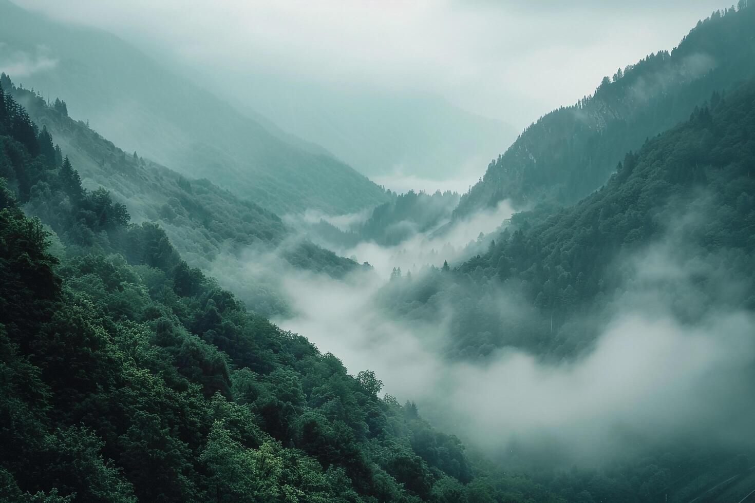 Landscape An ethereal fog covered valley with distant mountains peeking through the mist   nature background photo