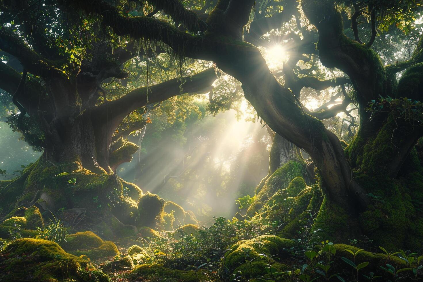 Landscape Ethereal forest with ancient trees covered in moss illuminated by shafts of sunlight breaking through the canopy  nature background photo