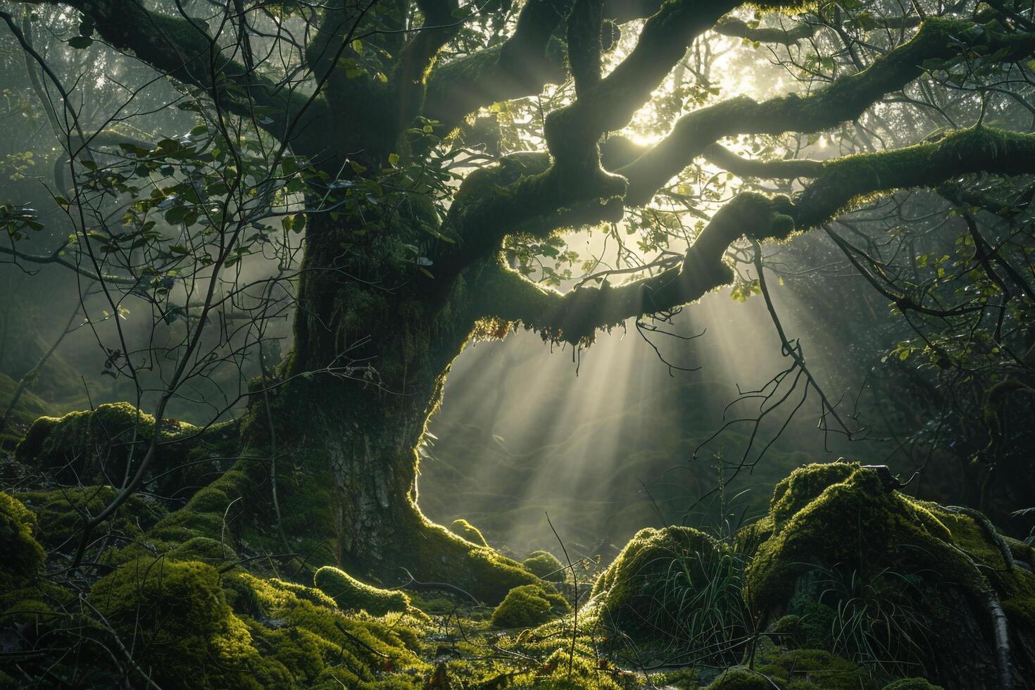 Landscape Ethereal forest with ancient trees covered in moss illuminated by shafts of sunlight breaking through the canopy  nature background photo