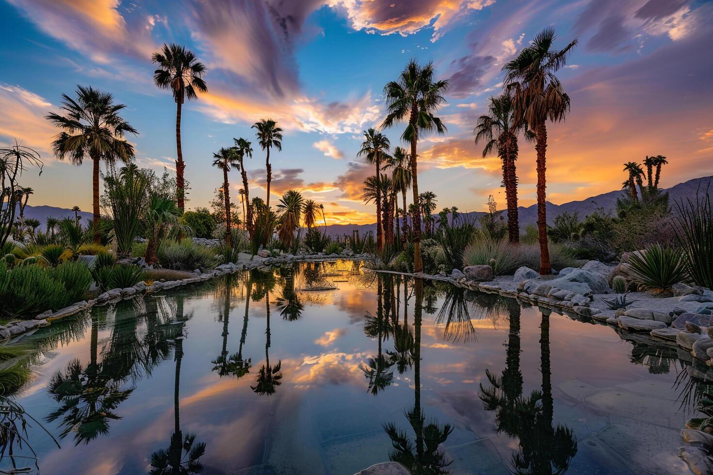 Landscape nature background Inspiring panoramic of desert oasis with palm trees and a pool of water under vibrant sunset sky photo
