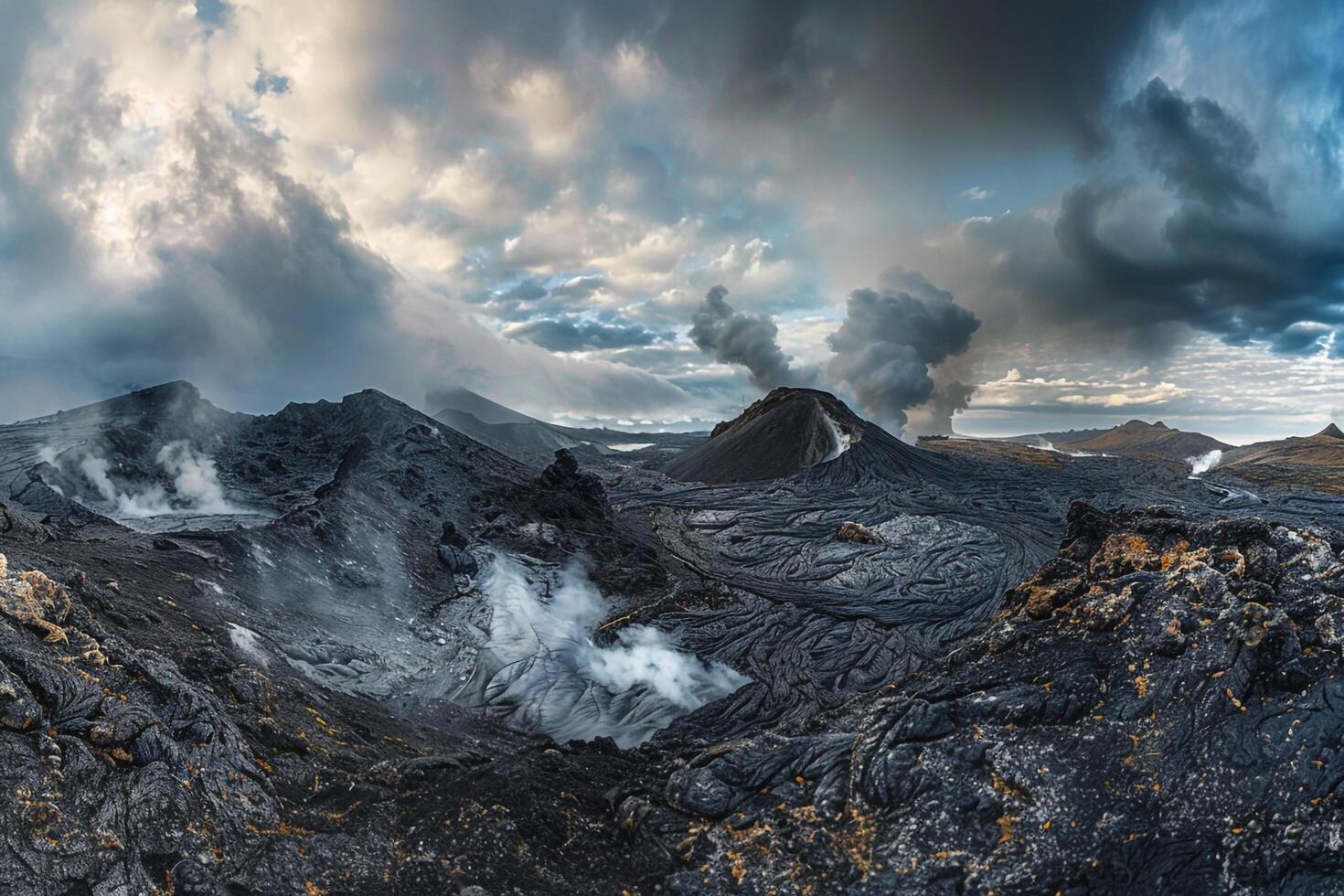Landscape nature background Inspiring panoramic of volcanic landscape with steaming vents and rugged terrain under dramatic sky with swirling clouds photo