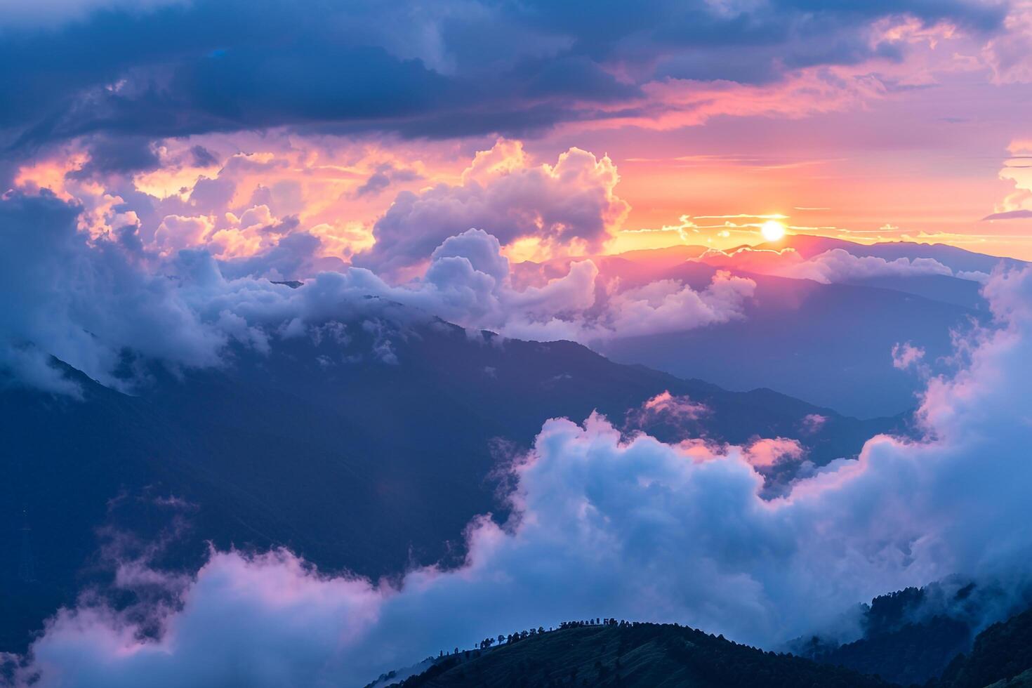 Landscape nature background Majestic patterns of clouds and sunlight over mountain range at sunset creating dramatic colors and shadows photo