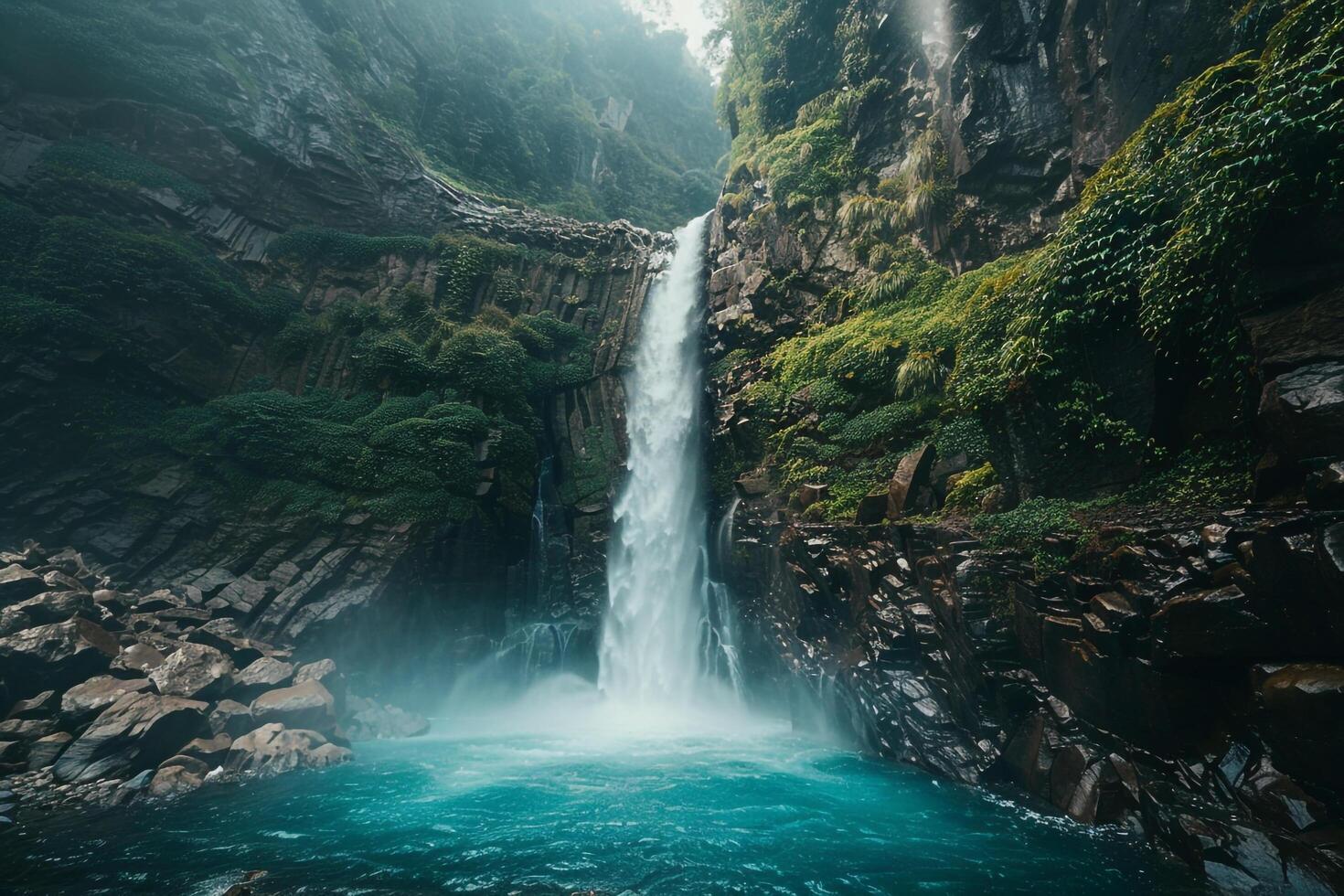 Landscape nature background Majestic waterfall plunging down rocky cliff into turquoise pool below surrounded by lush greenery photo