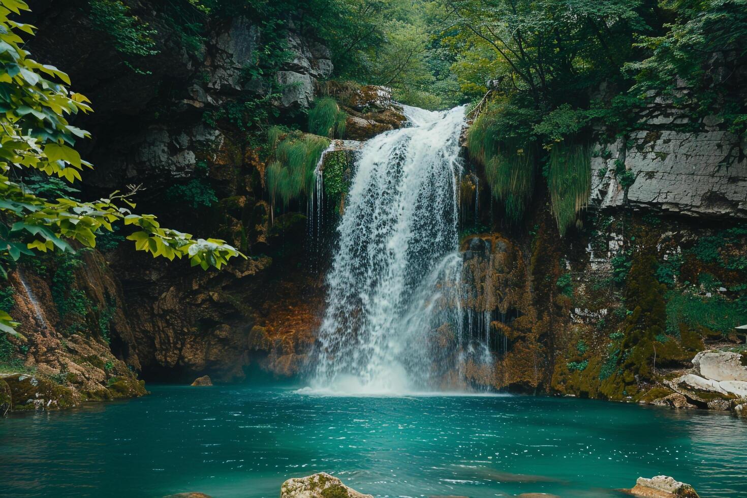 Landscape nature background Majestic waterfall plunging down rocky cliff into turquoise pool below surrounded by lush greenery photo