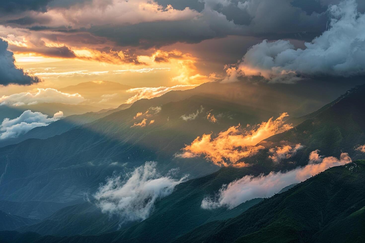Majestic Patterns of Clouds and Sunlight Over Mountain Range at Sunset nature background photo