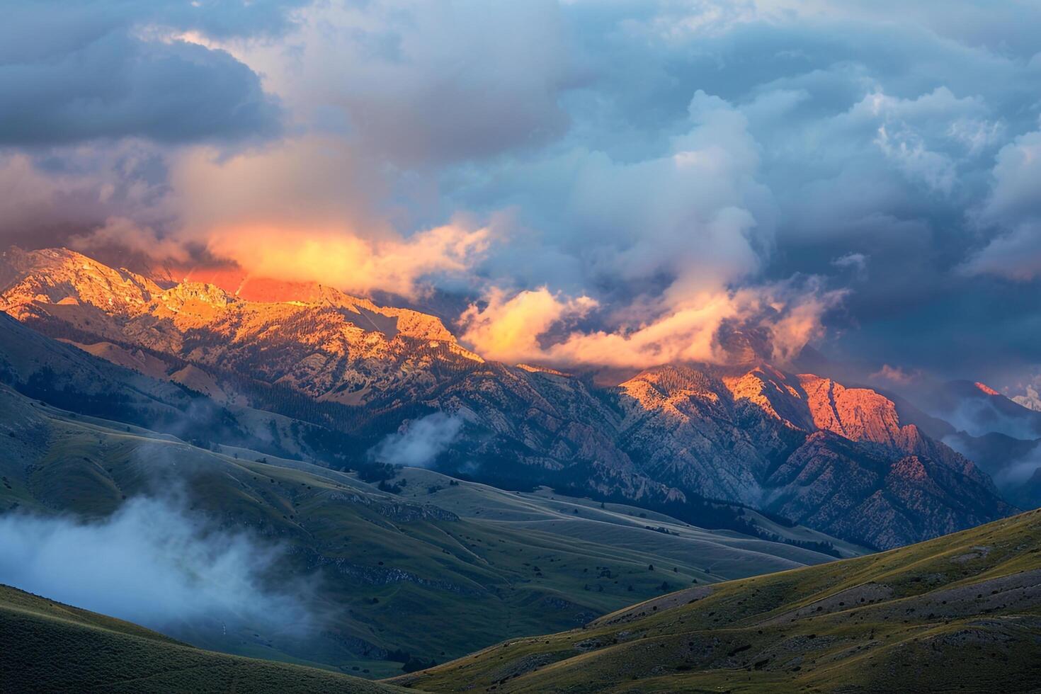 Majestic Patterns of Clouds and Sunlight Over Mountain Range at Sunset nature background photo