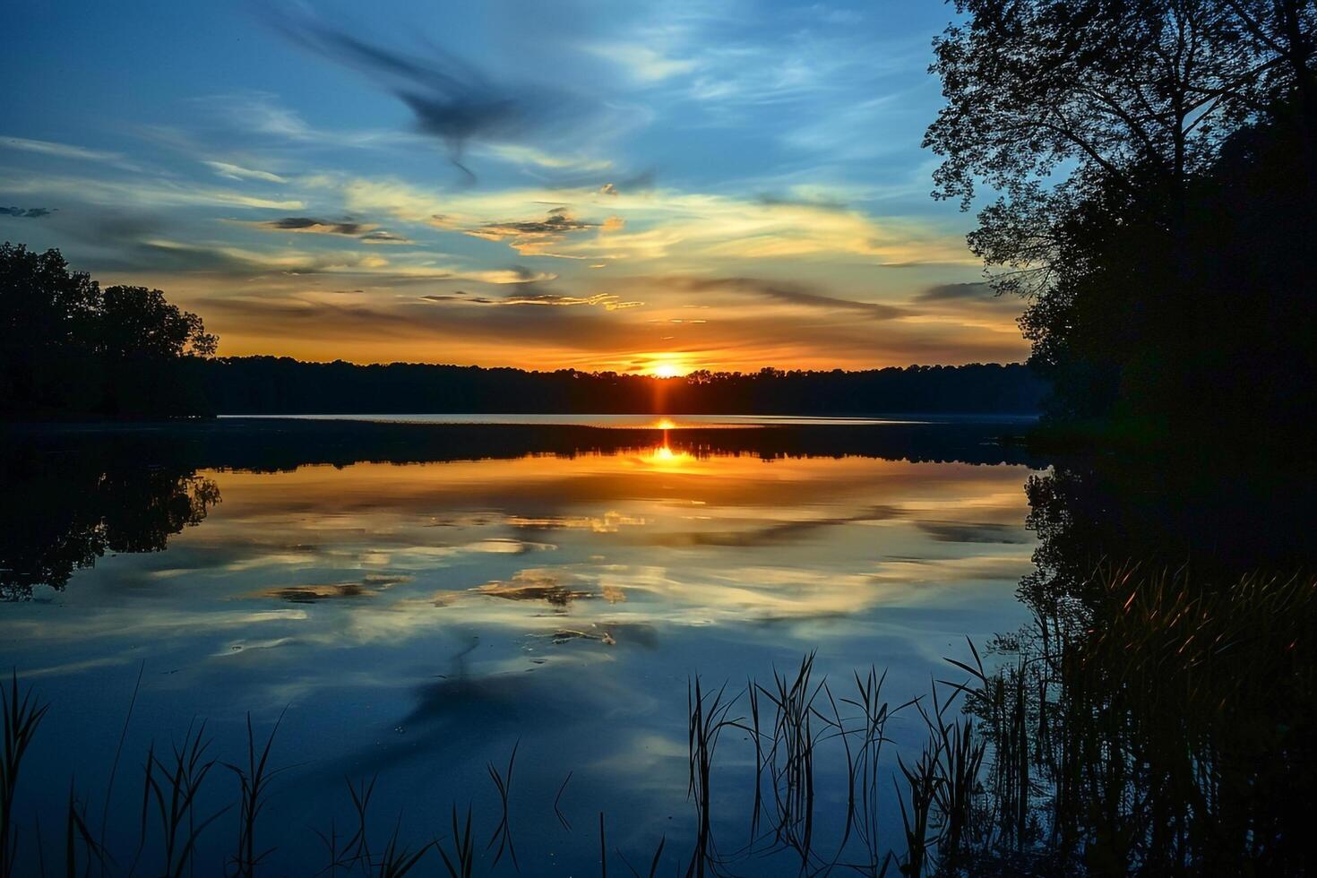 Peaceful Lake at Sunset with Reflected Sky Colors  nature background photo