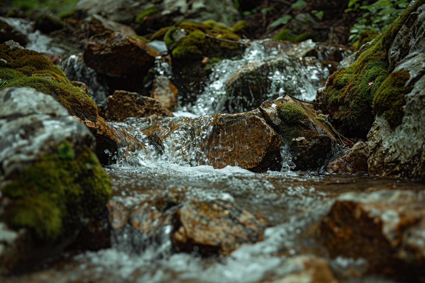 Mountain Stream with Moss Covered Rocks and Nature nature background photo