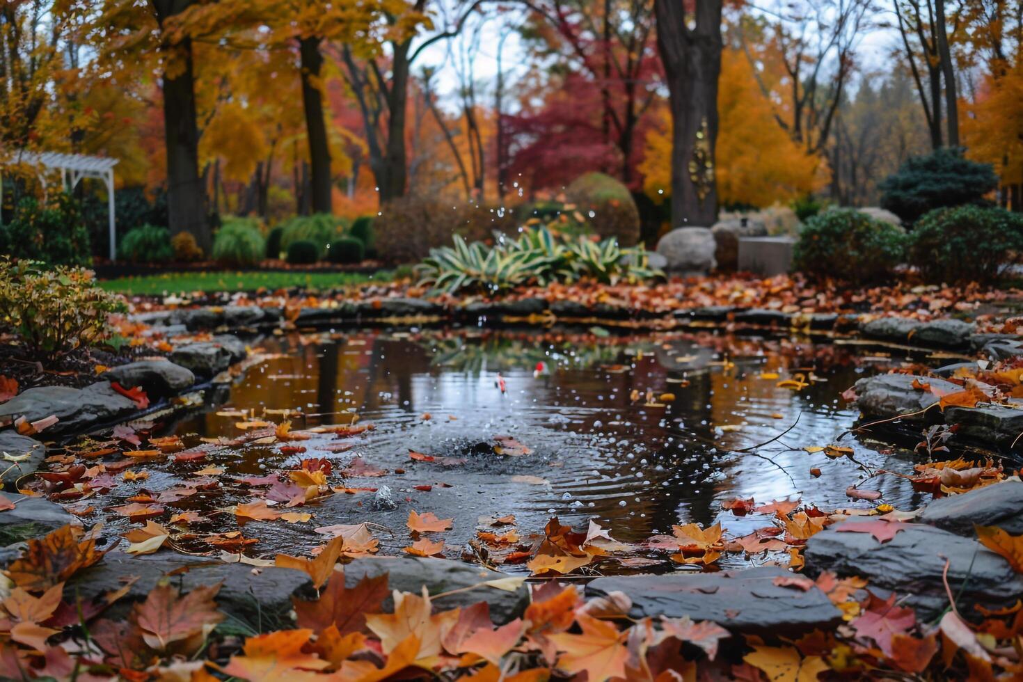 Serene Garden with Ornamental Pond and Autumn Leaves Nature nature background photo