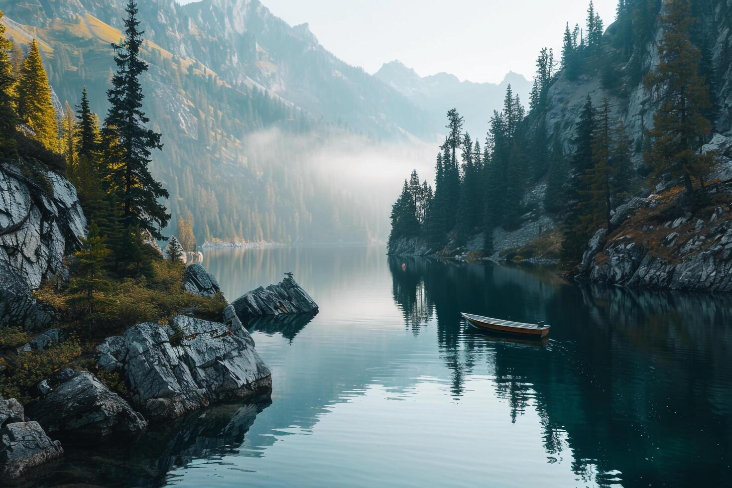 Serene Nature Nature nature background with Mountain Lake and Rocky Cliffs photo