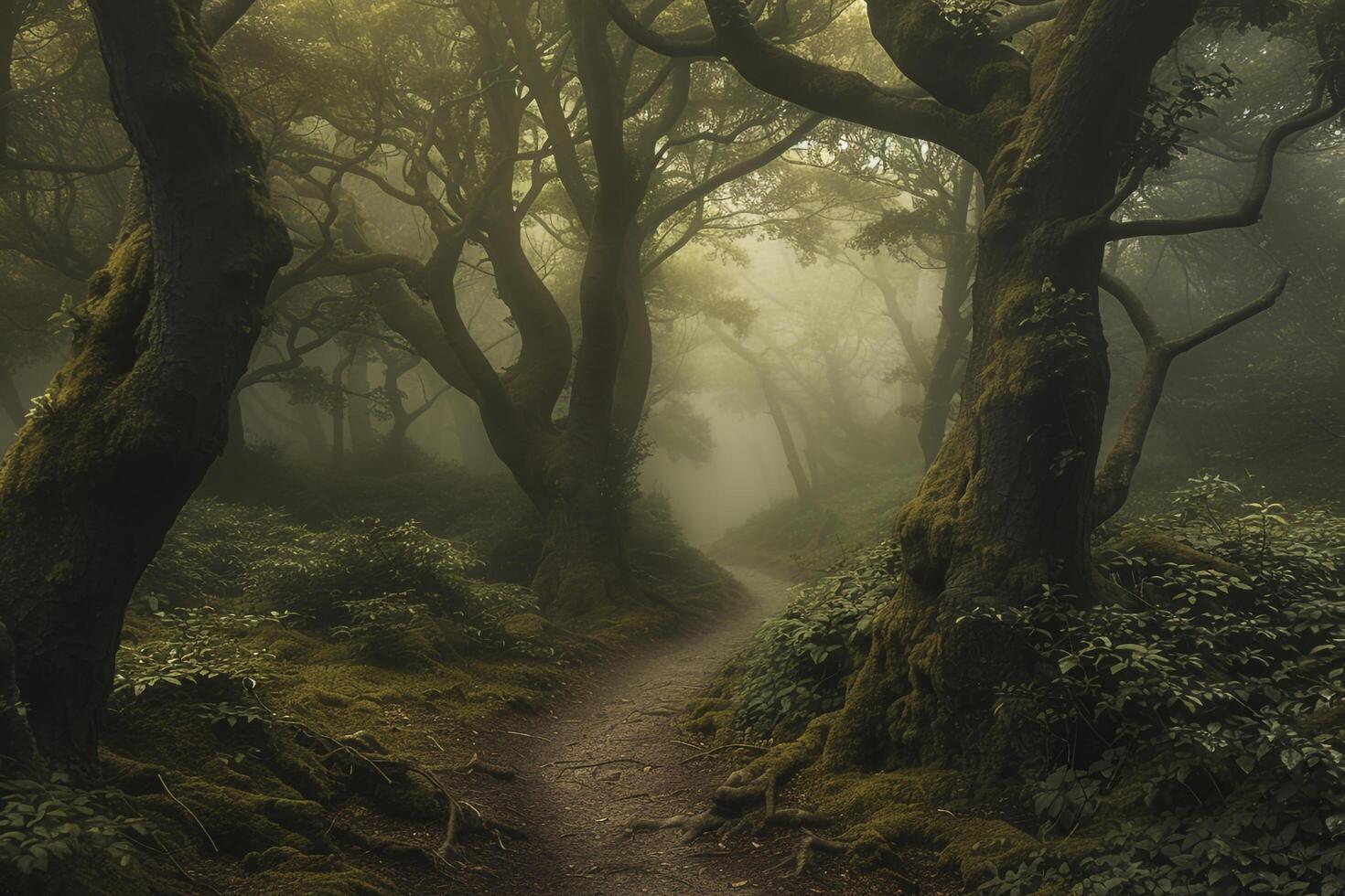 Elegant Nature nature background of Misty Forest Path with Ancient Trees photo