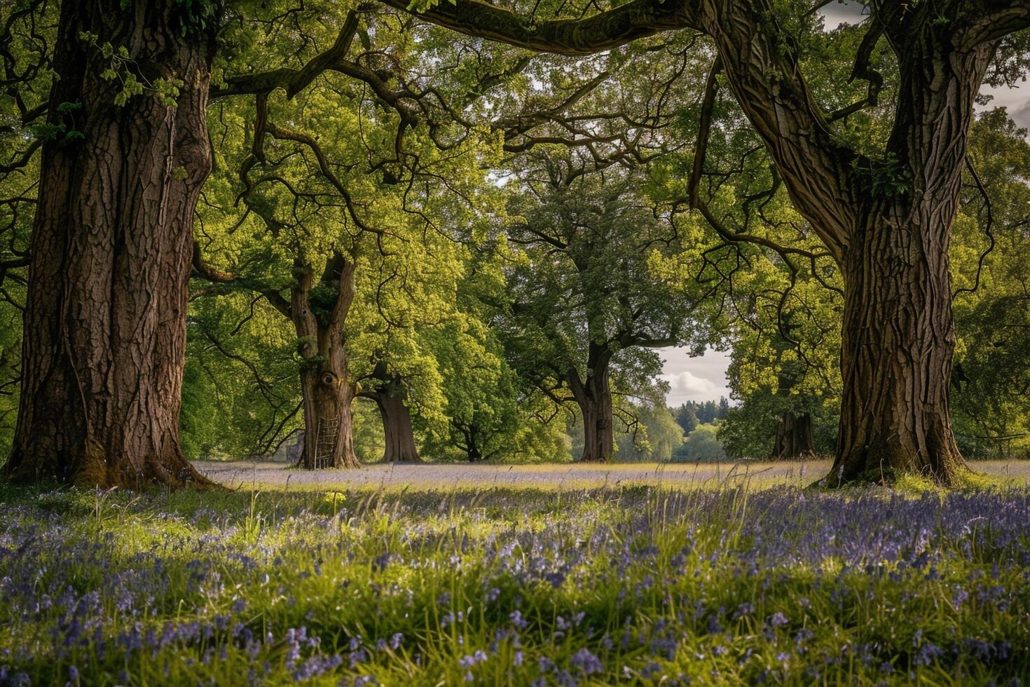 Delightful Nature Nature nature background of Forest Clearing with Bluebells and Oak Trees photo