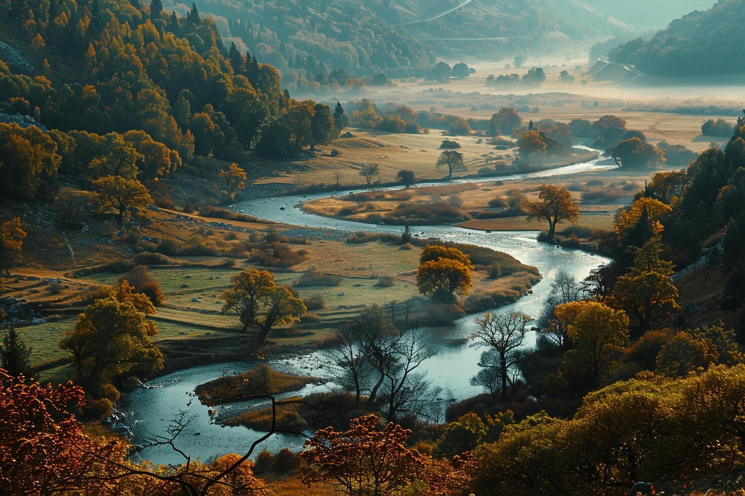 Calm Valley Nature nature background with Winding Rivers and Autumn Trees photo