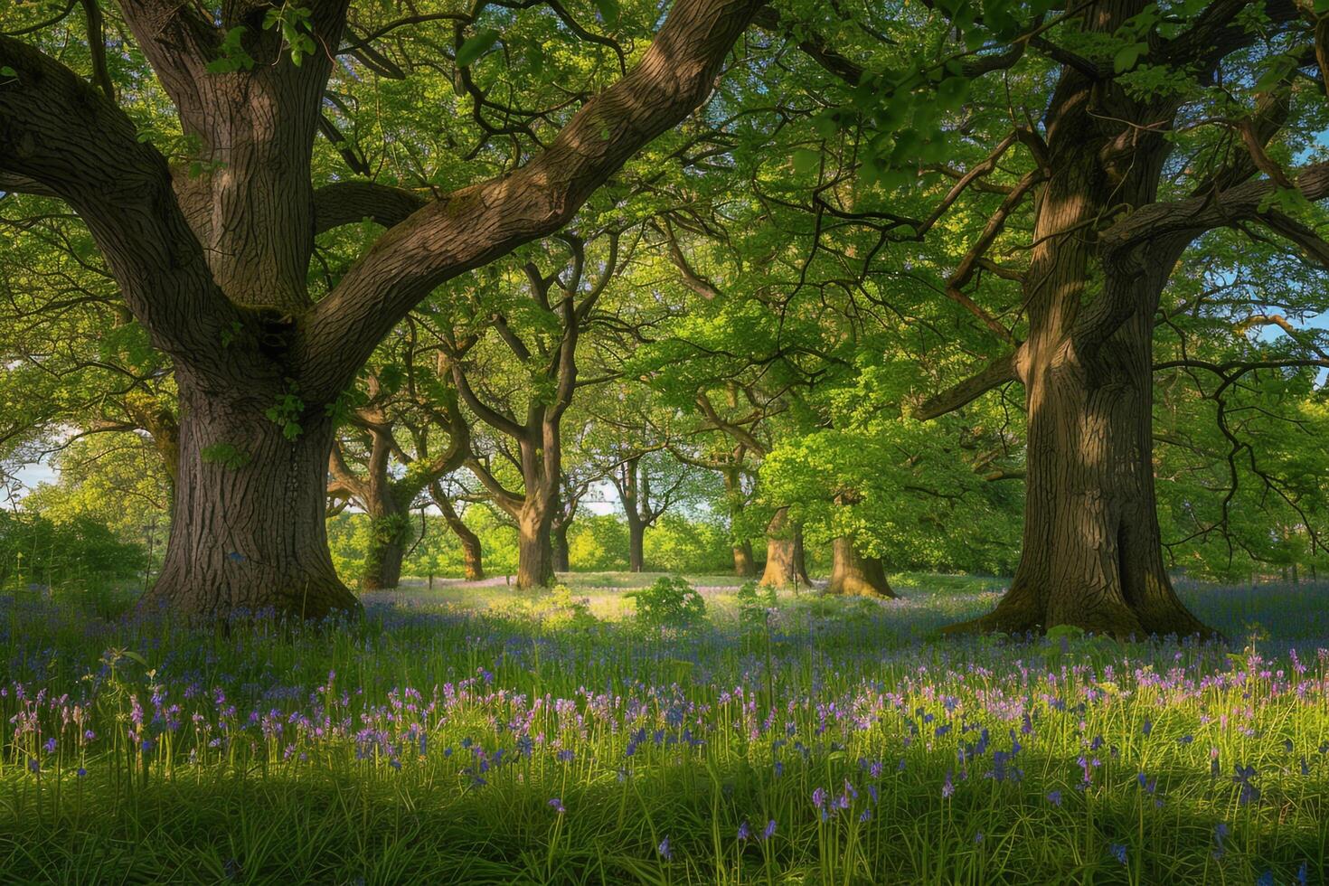 Serene Forest Clearing Nature nature background with Bluebells and Oak Trees photo