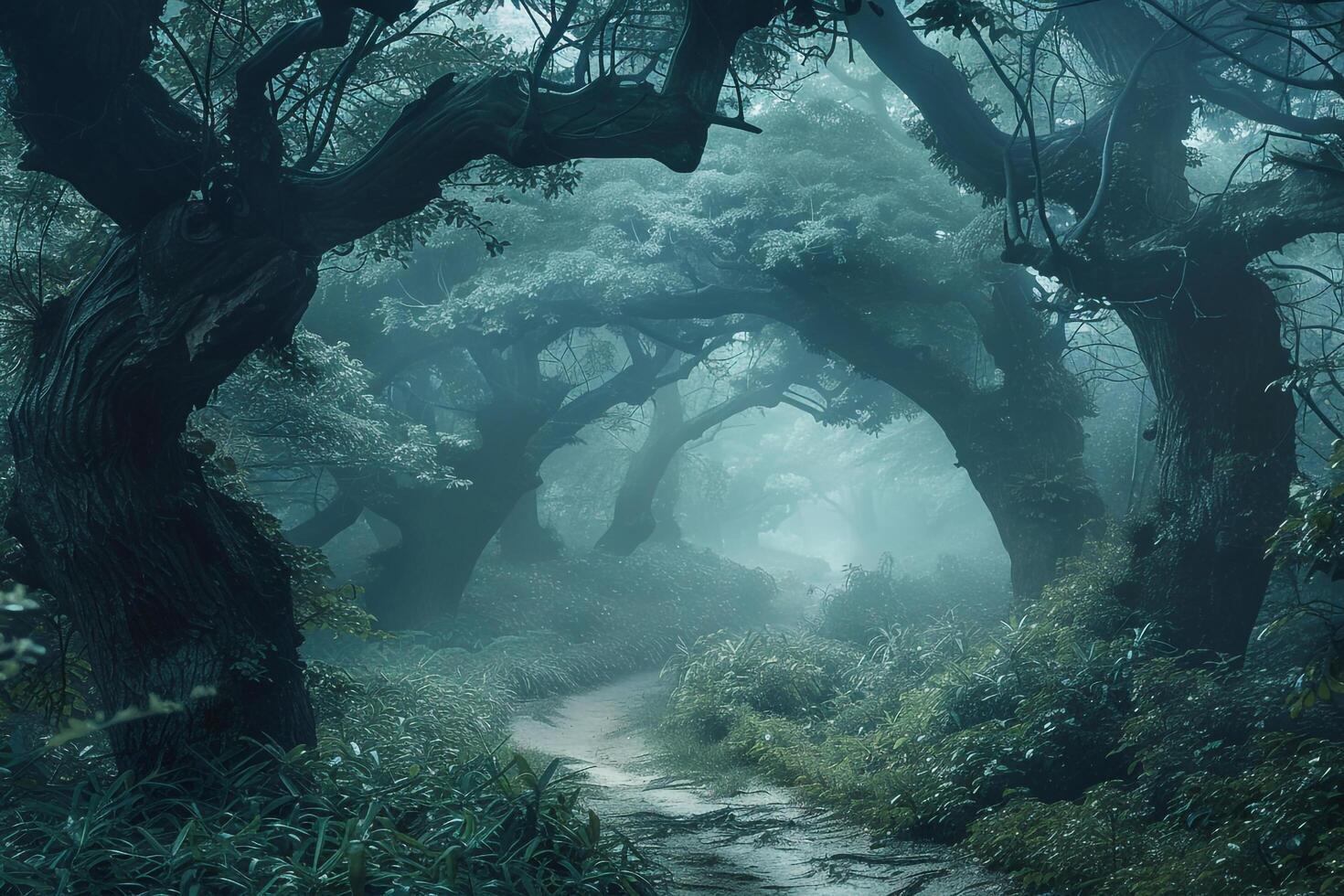 nature background Mist Covered Forest with Winding Path through Ancient Trees photo
