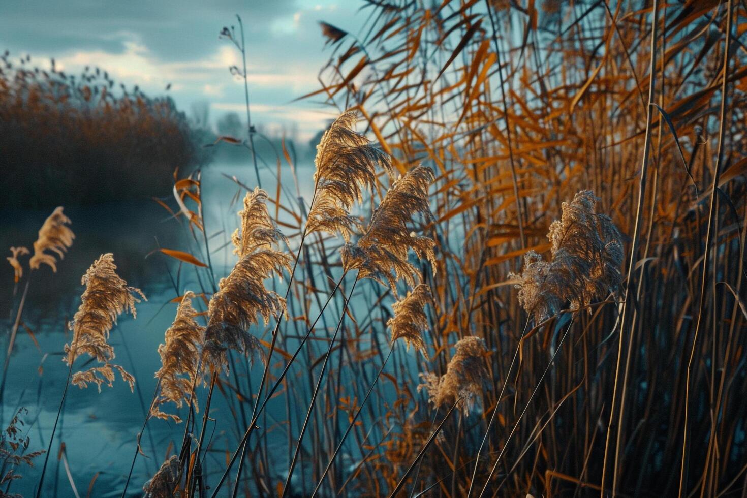 nature background Serene Riverbank with Reeds and Leaves Swaying in the Breeze photo