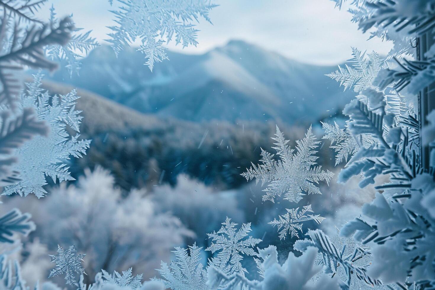 nature background Snowy Mountain  Through Frosted Windowpane photo