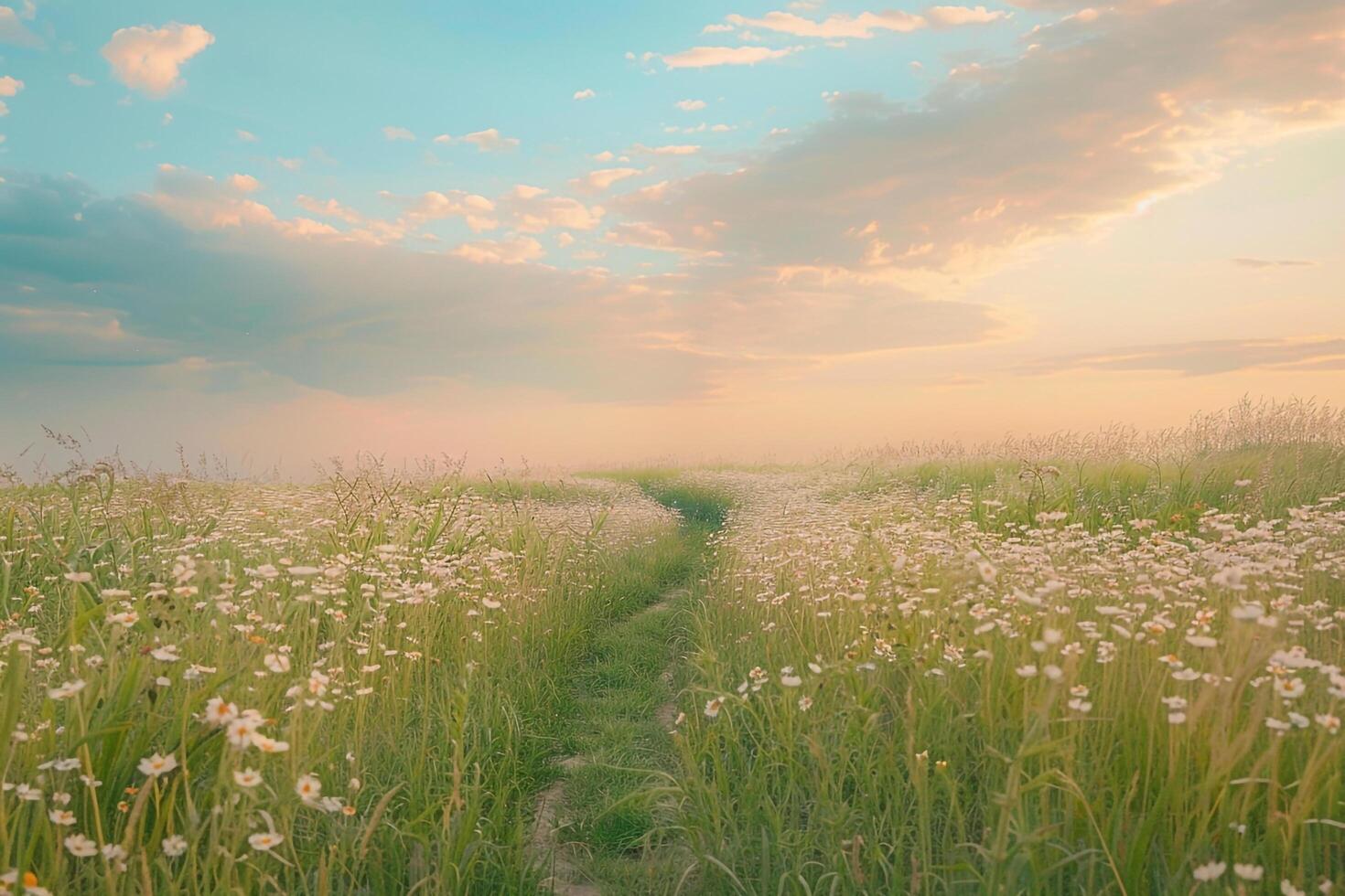 nature background Pastel Sky Over Winding Path in Serene Meadow at Dusk photo