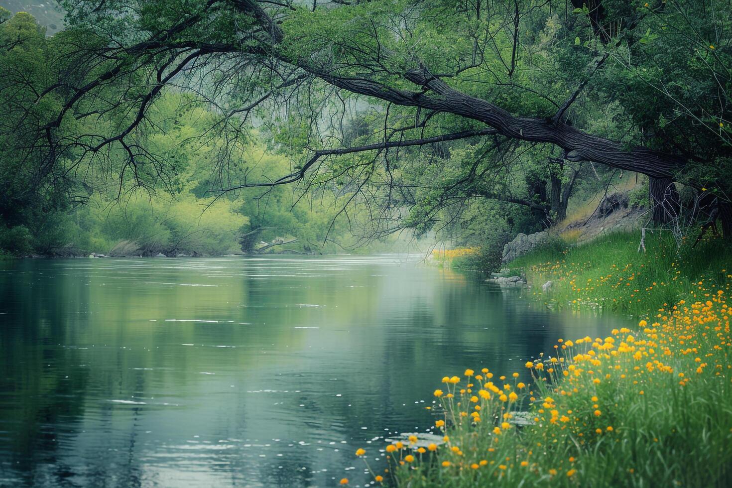 Serene riverbank with overhanging trees and wildflowers in bloom with the river reflecting the lush green surroundings   nature background photo