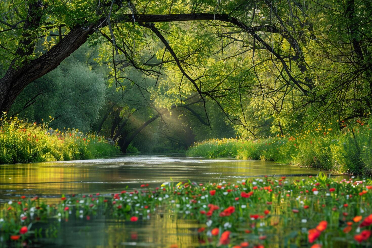 Serene riverbank with overhanging trees and wildflowers in bloom with the river reflecting the lush green surroundings   nature background photo