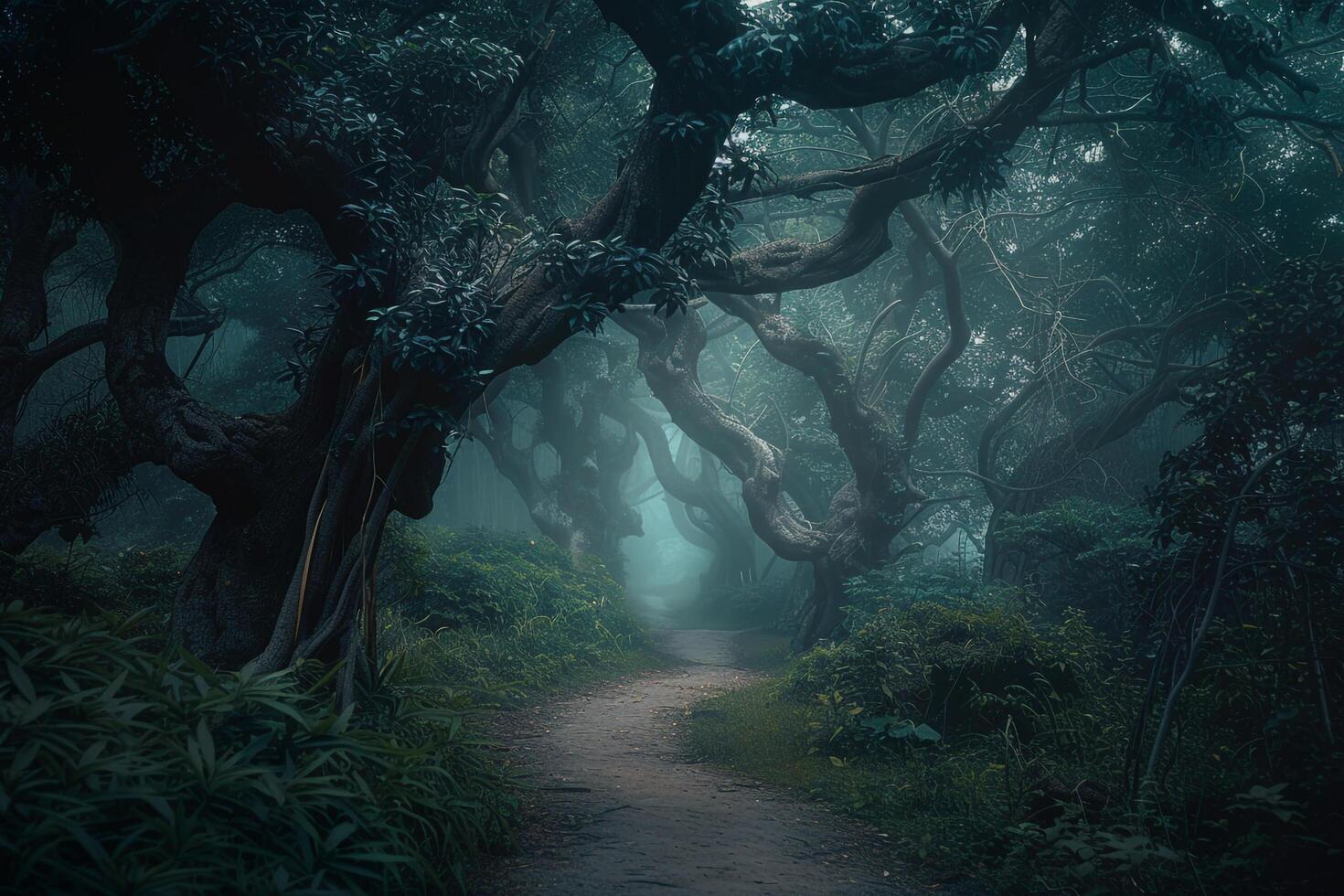Misty Forest nature background with Winding Path Through Ancient Trees photo