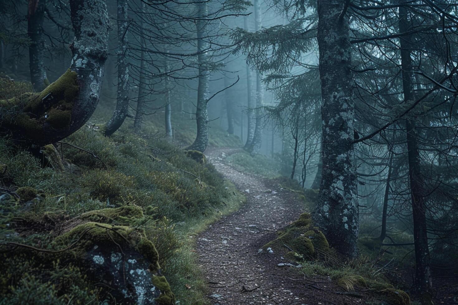 Tranquil MistCovered Forest nature background and Nature Featuring Ancient Trees and Winding Path photo