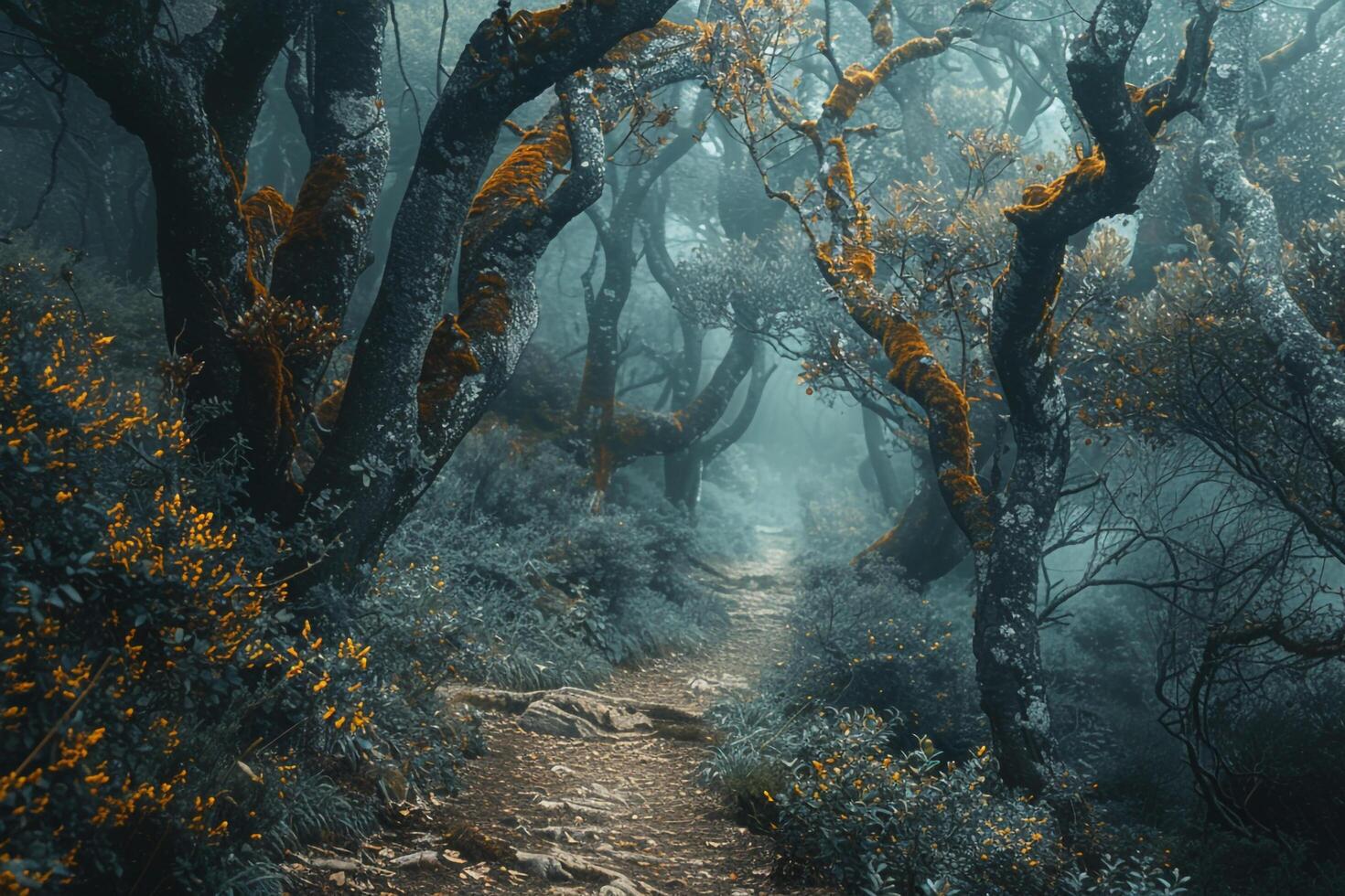 Serene MistCovered Forest nature background and Nature Ancient Trees with Winding Path photo