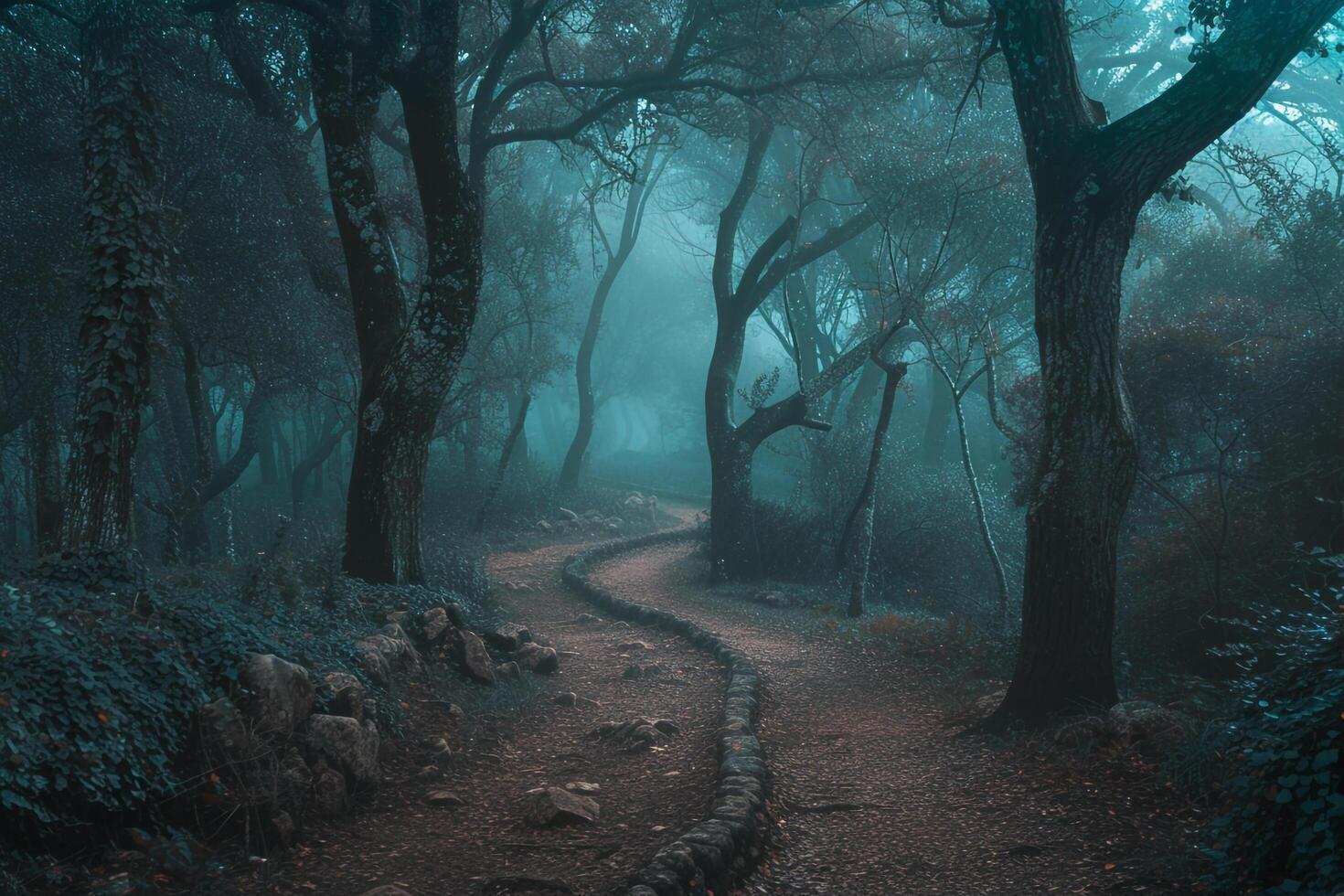 Enchanting MistCovered Forest nature background and Nature with Winding Path and Ancient Trees photo
