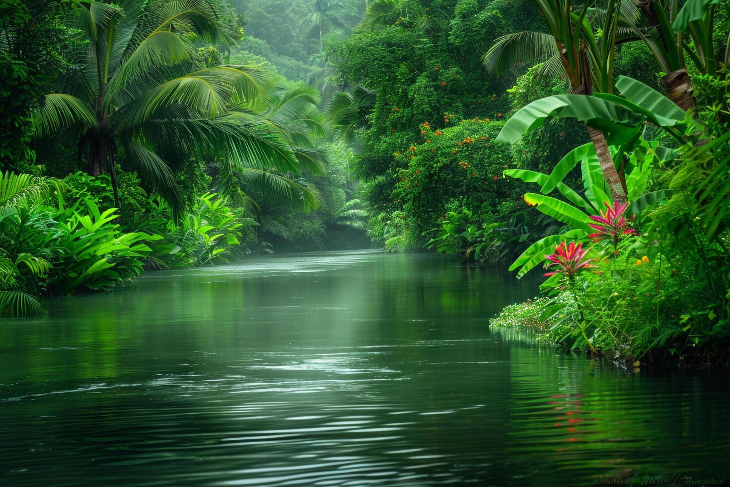 Vibrant River Through Lush Tropical Rainforest nature background and Nature with Exotic Flowers photo