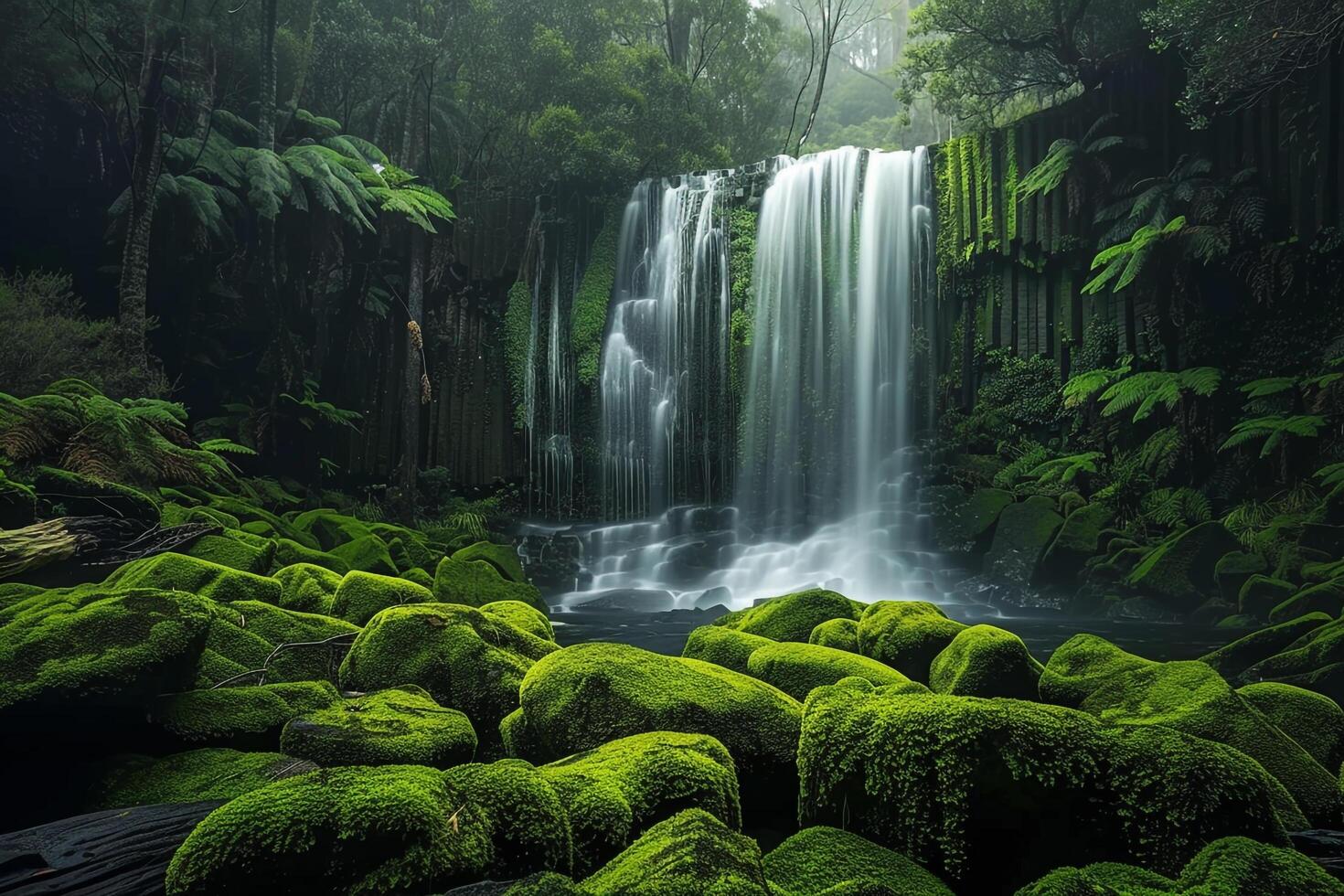 Lush Green Forest nature background and Nature Featuring Solitary Waterfall Cascading Over MossCovered Rocks photo