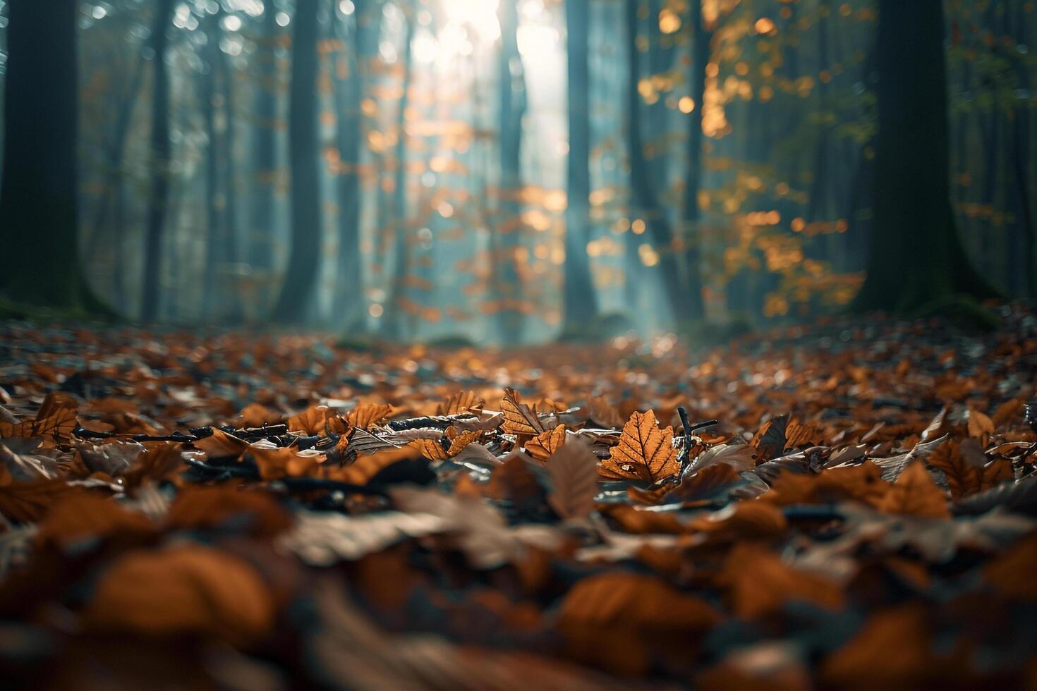 Patterns of Light and Shadow on Forest Floor Covered with Fallen Leaves nature background photo