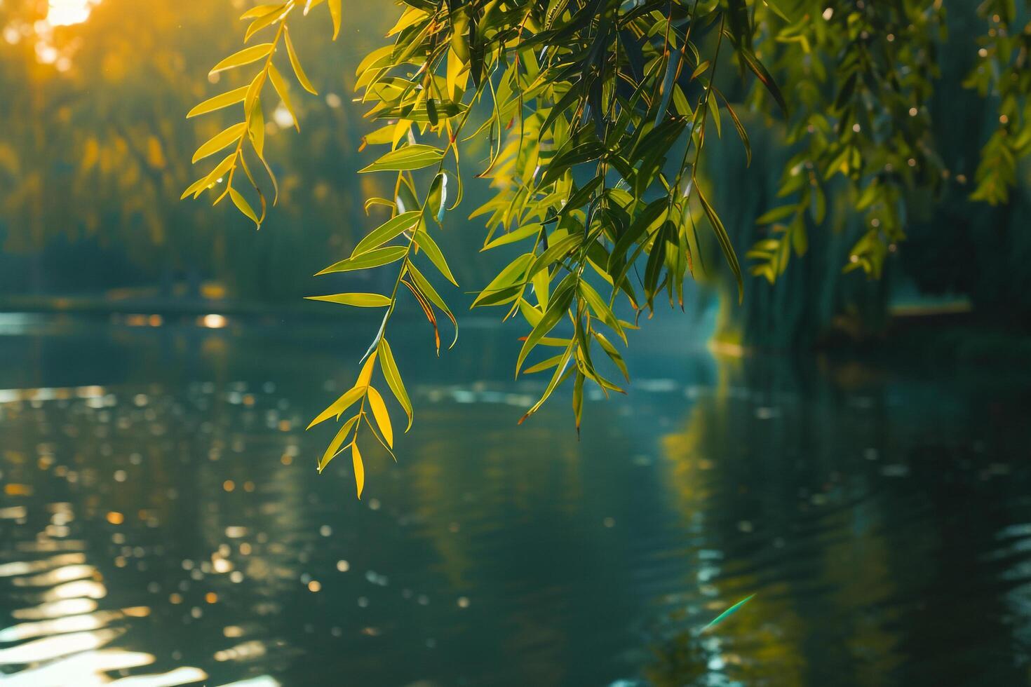 Tranquil Lakeside  with Floating Willow Leaves photo