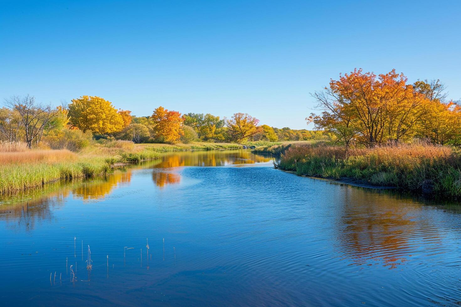 Autumn Landscape with River and Reflecting Foliage nature background photo
