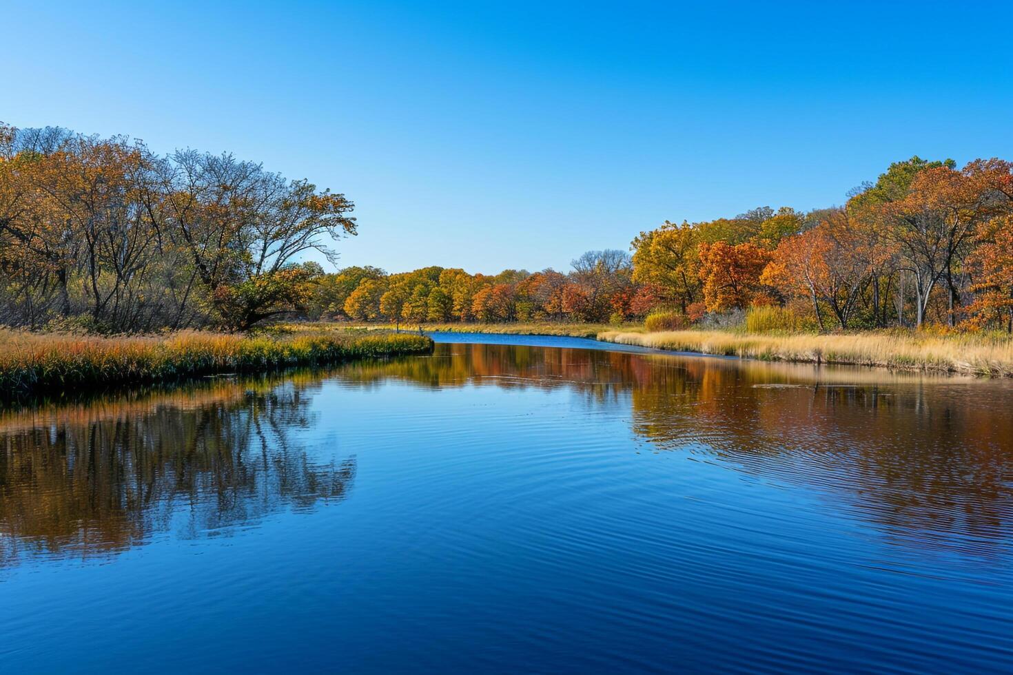 Tranquil Autumn River Flowing Through Meadow nature background photo