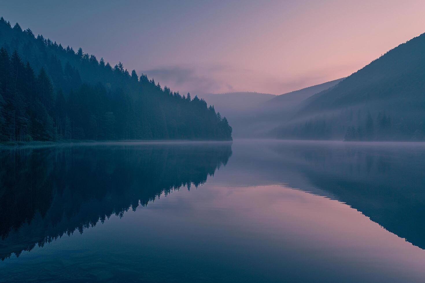 Patterns of Light Reflecting on Calm Mountain Lake at Sunrise photo