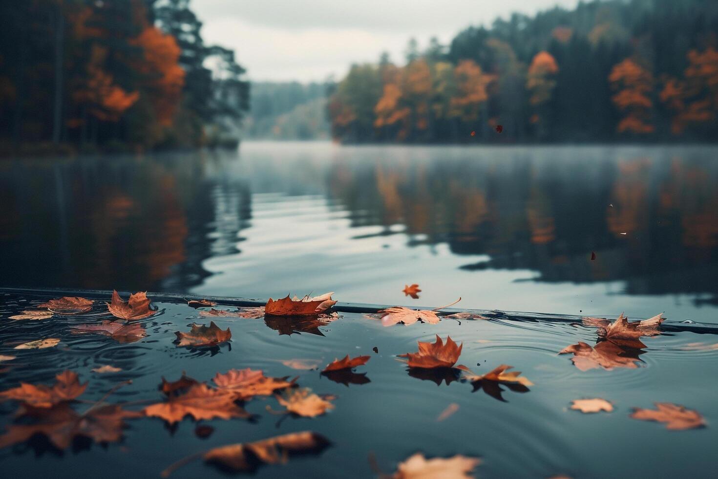 Nature nature background Falling Leaves on Lakeside in Afternoon Light photo