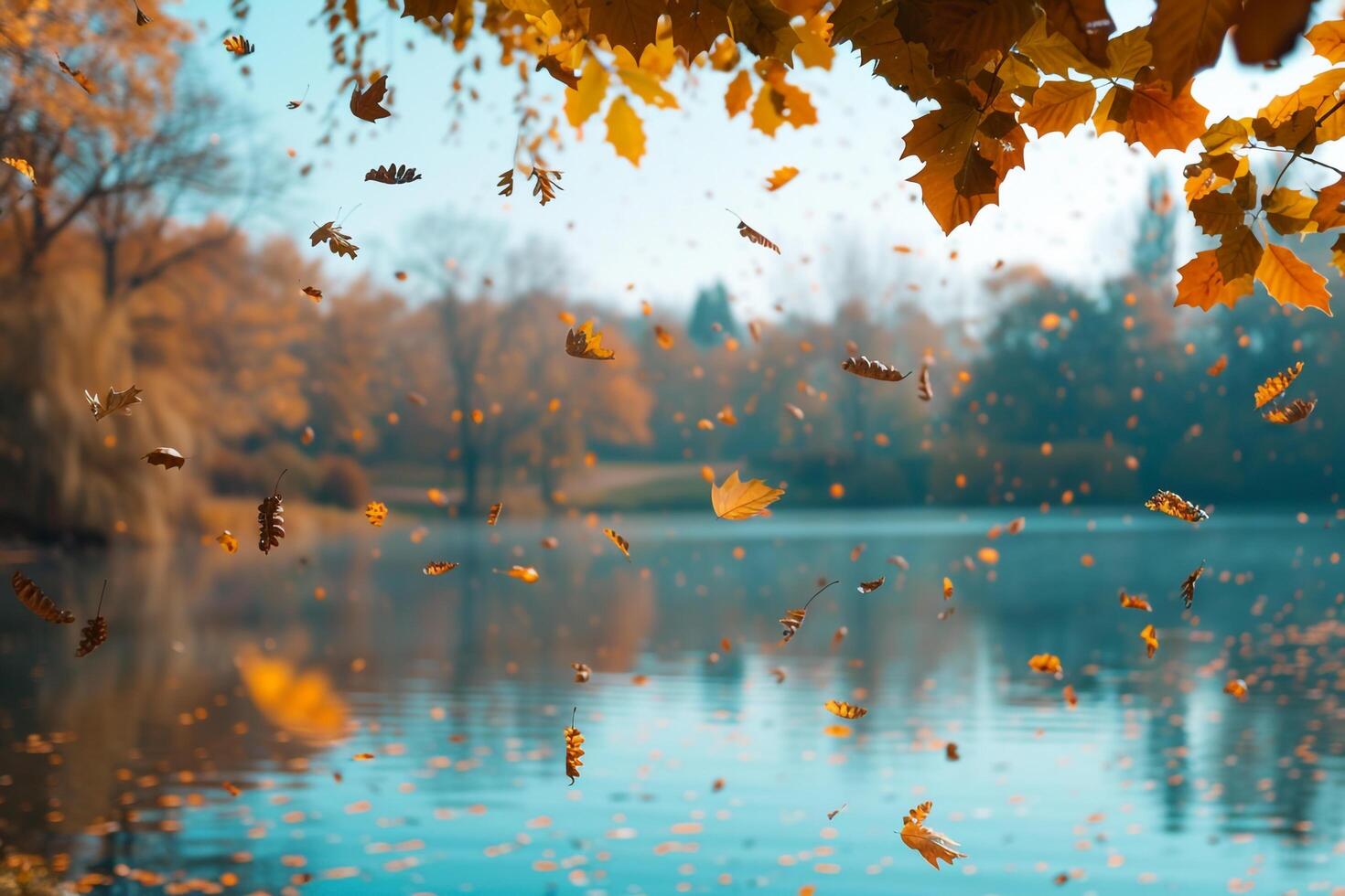 Serene Lakeside nature background with Falling Leaves and Calm Water photo
