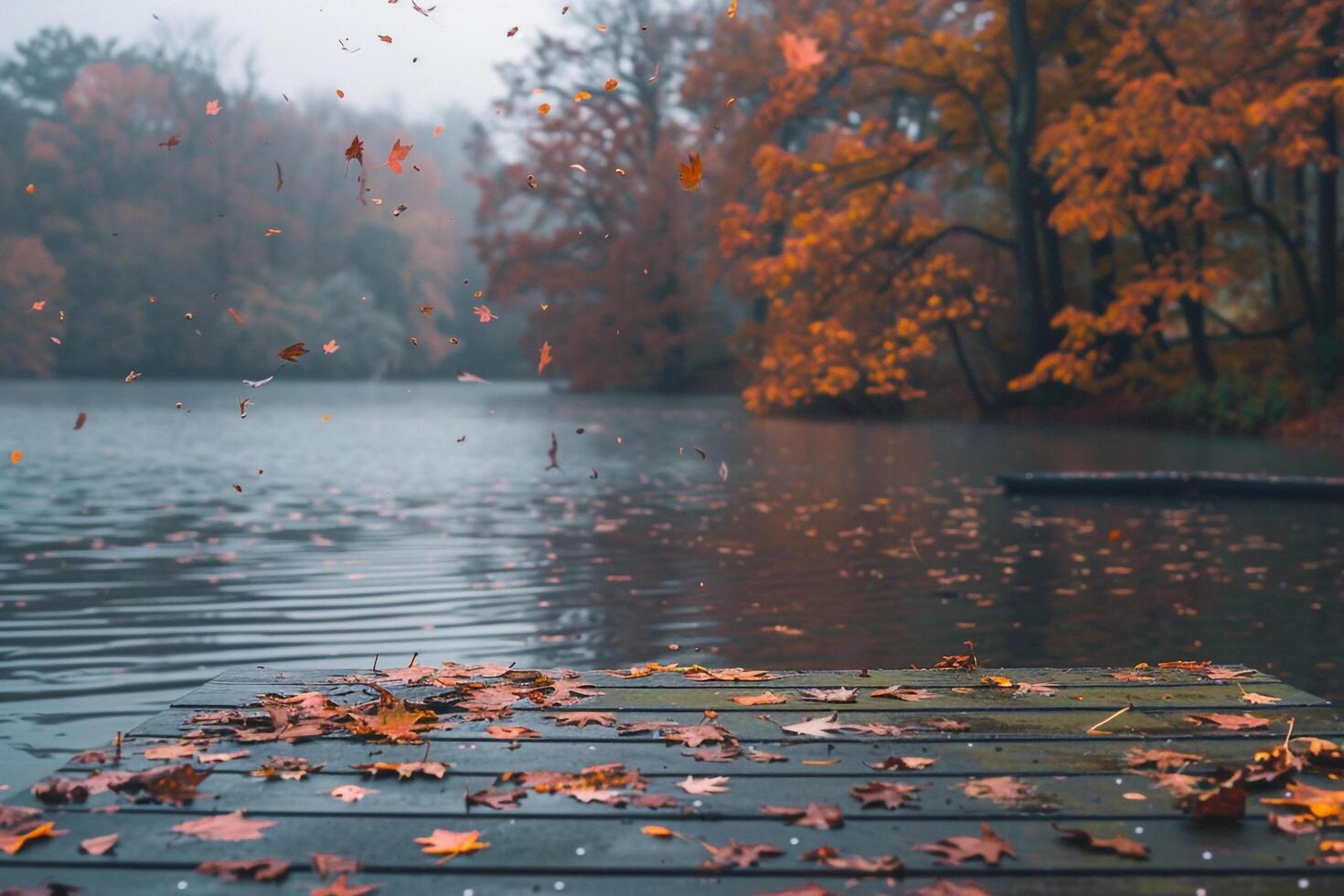 Lakeside nature background with Falling Leaves in Nature photo