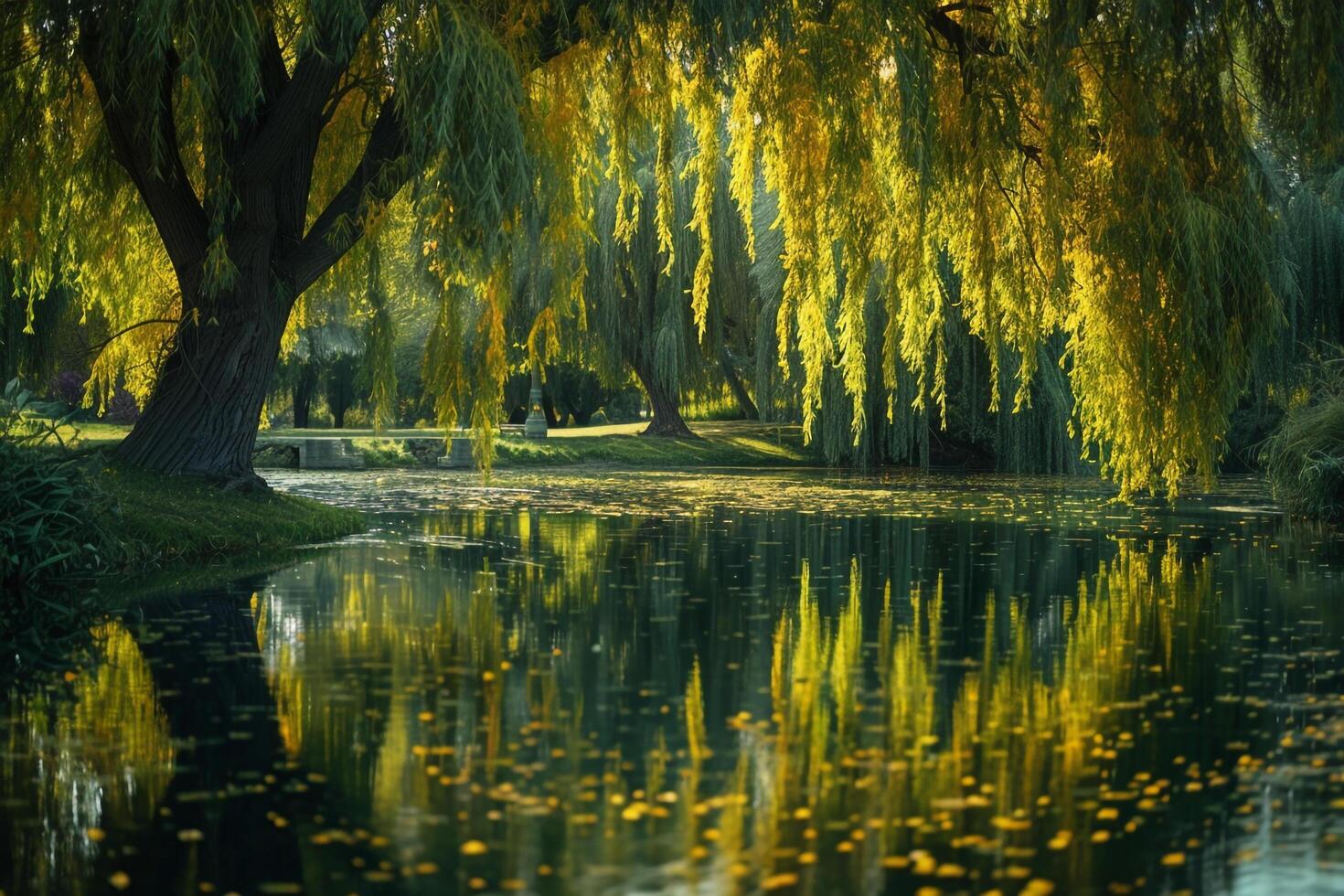 Weeping Willow Trees and Pond Nature nature background Reflections on Water photo