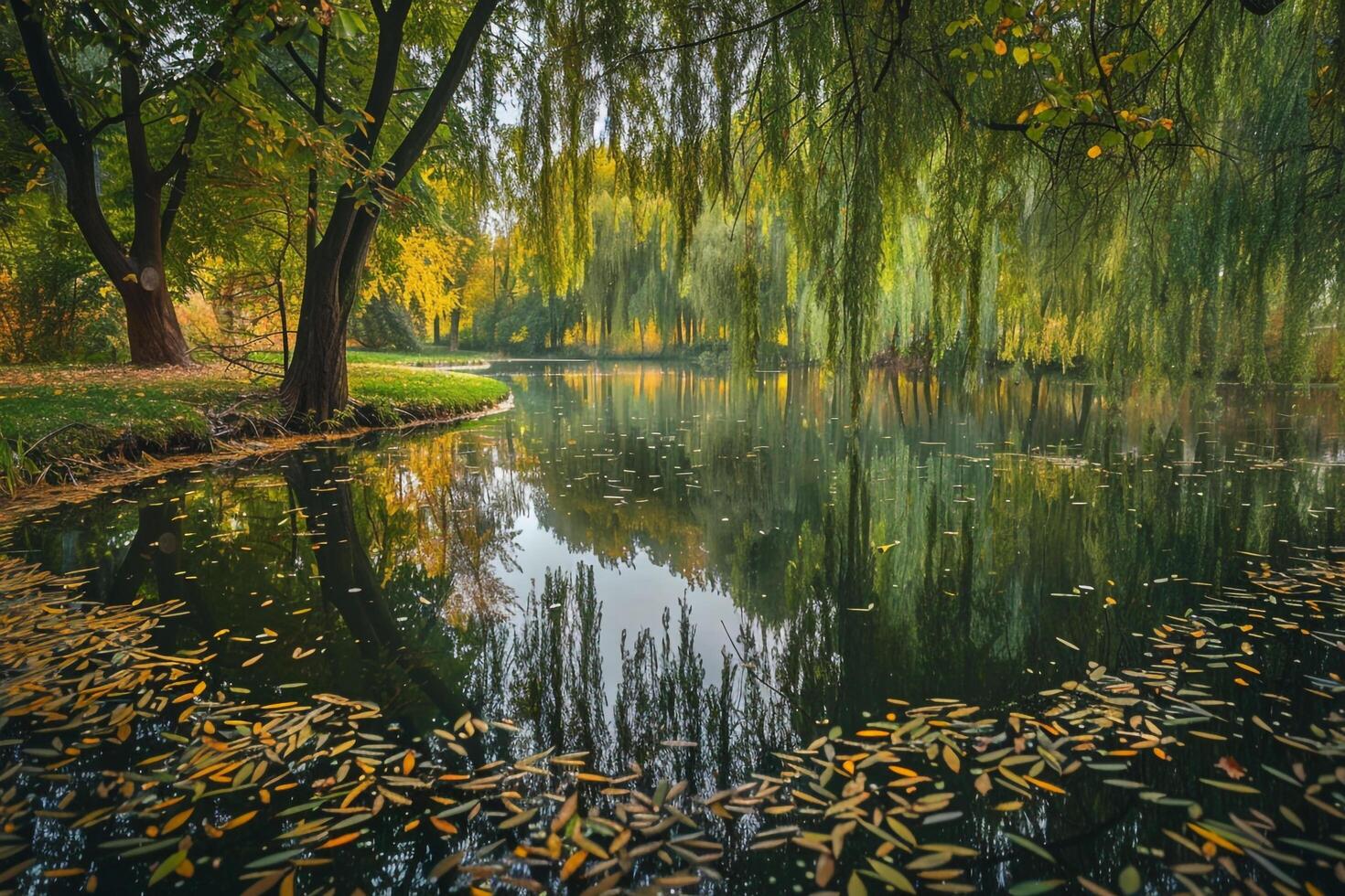 Park Pond Nature nature background with Weeping Willow Reflections on Water photo