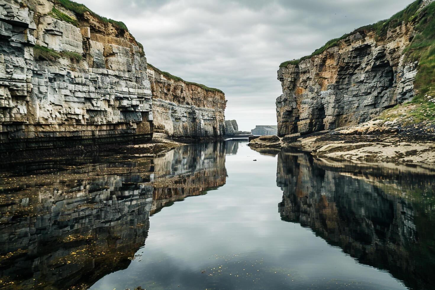 Serene Coastal Inlet nature background with Cliffs and Cloudy Reflections photo