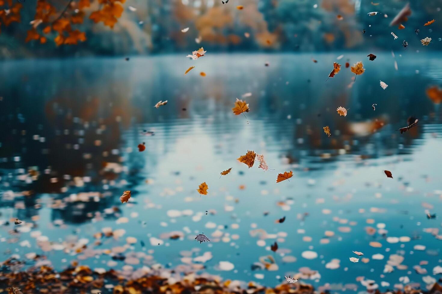Tranquil Lakeside nature background with Falling Leaves and Calm Water photo