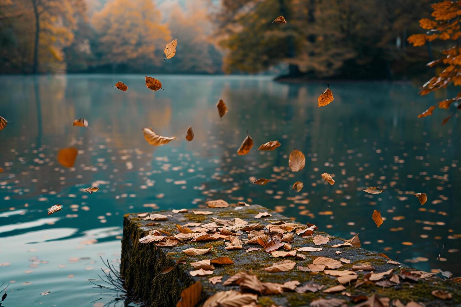 Calm Lakeside nature background with Gentle Falling Leaves and Reflections photo