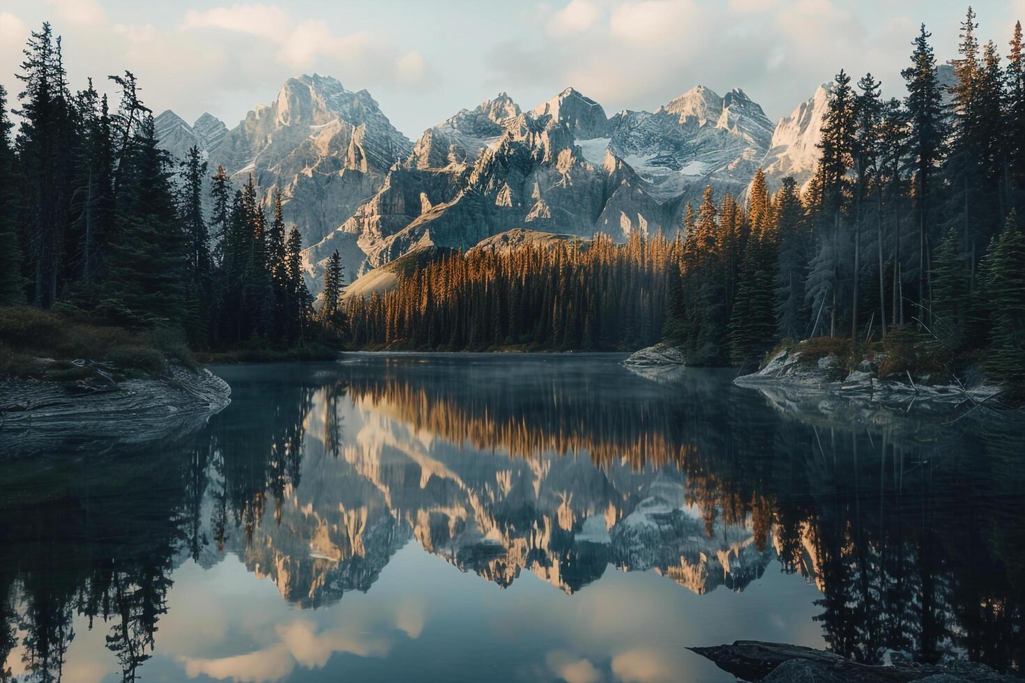 Majestic Mountain Lake with Pine Trees and Reflective Water nature background photo