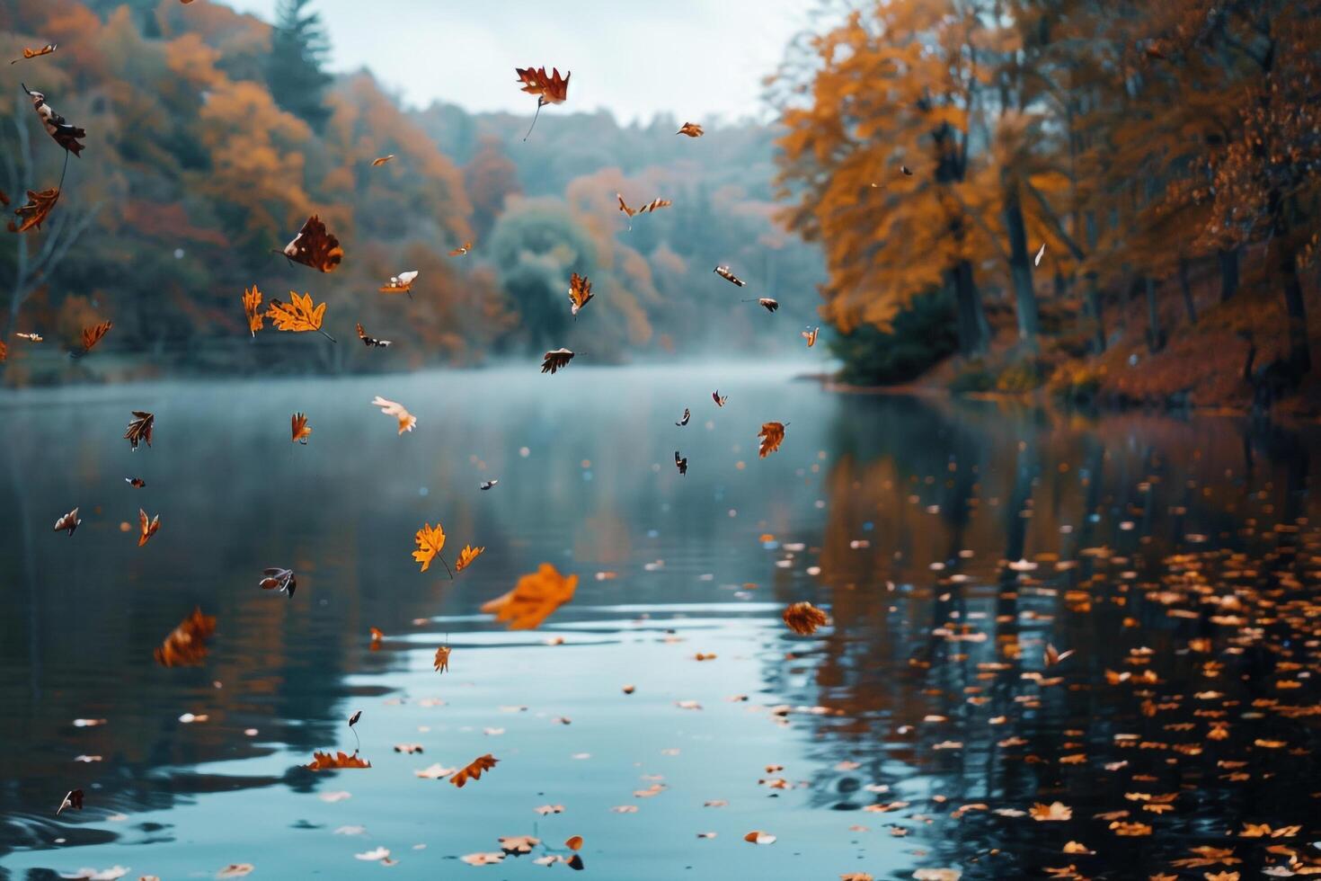 Serene Lakeside nature background with Leaves Gently Falling onto Water photo