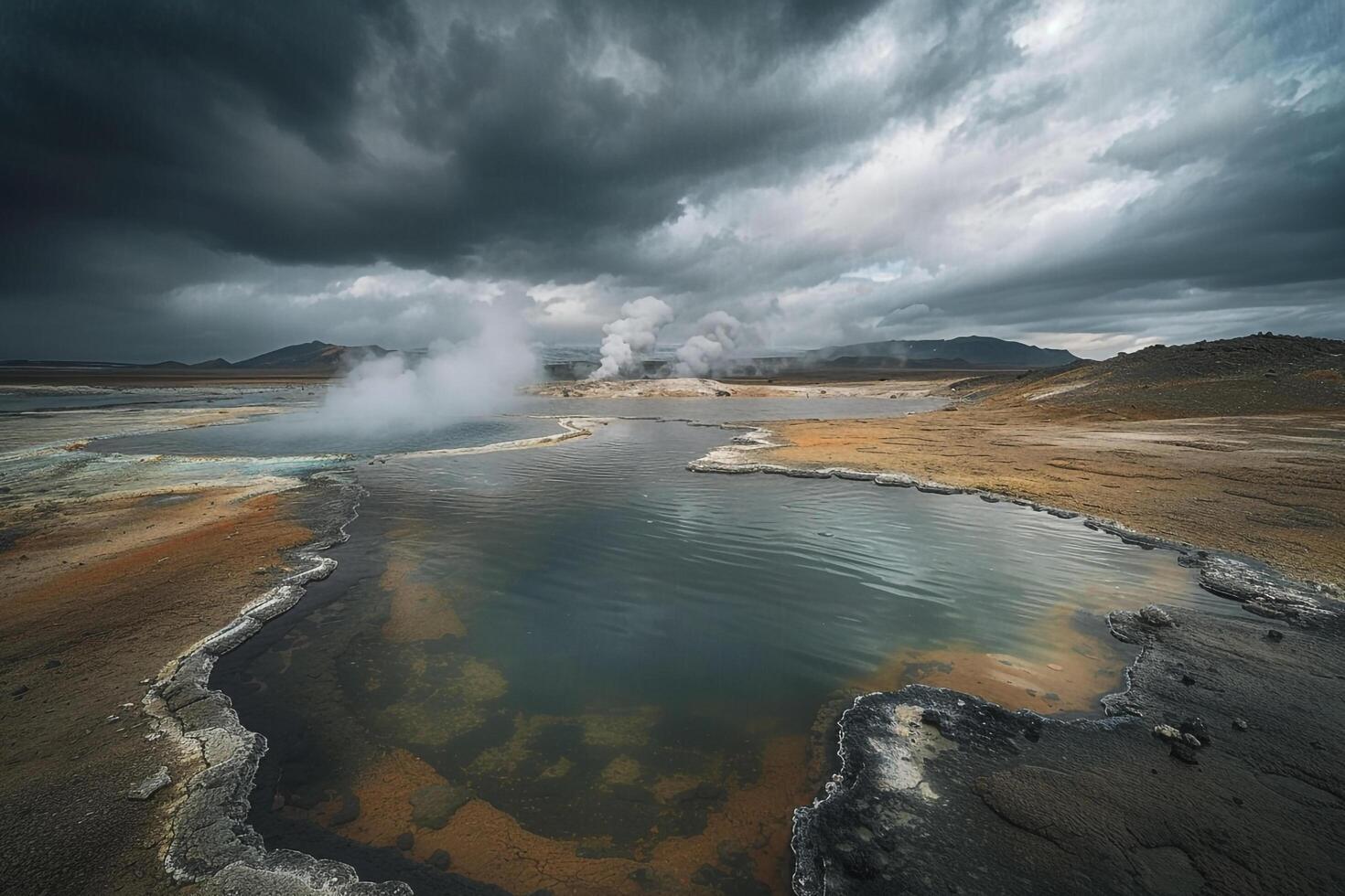 Dramatic Volcanic Crater with Steaming Geysers and Colorful Mineral Pools Under Moody Sky nature background photo